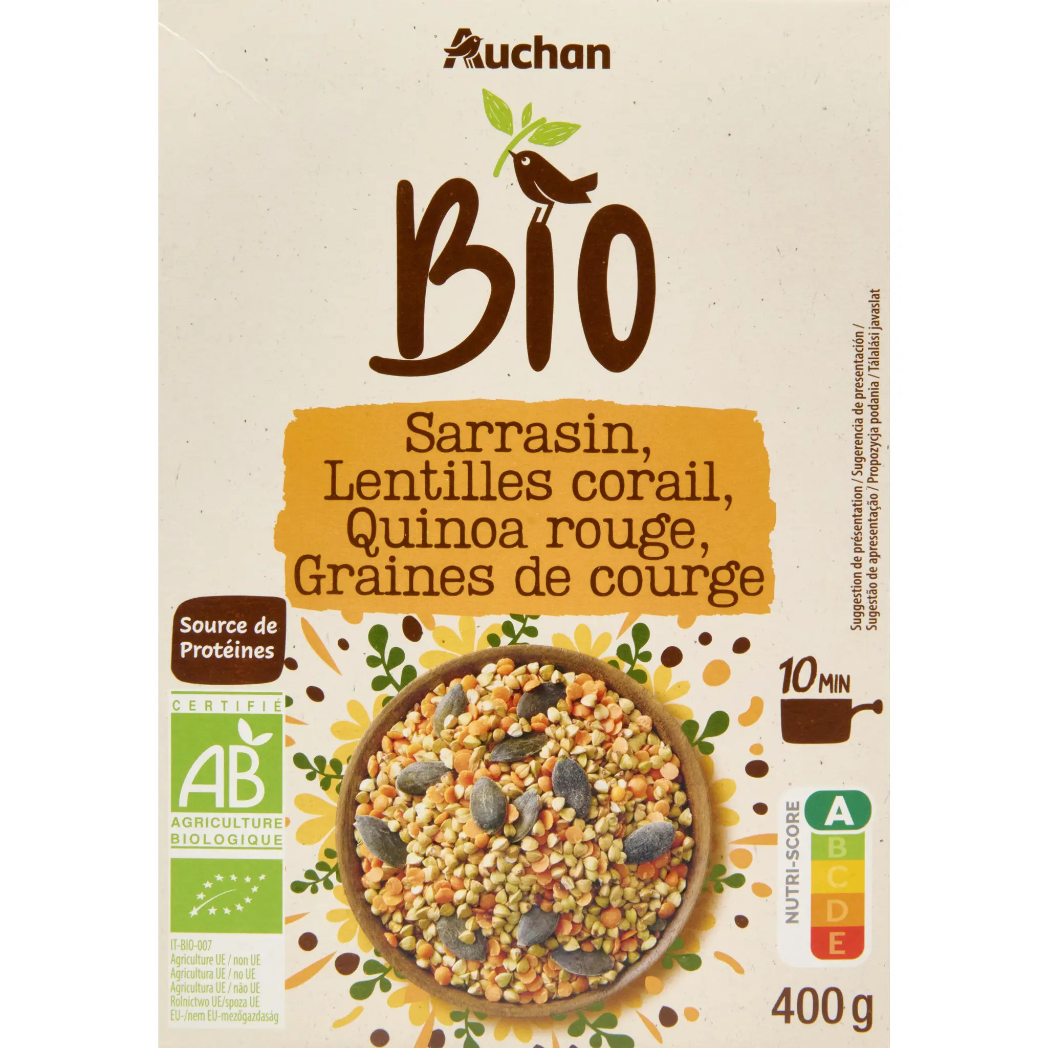AUCHAN BIO Mélange sarrasin lentilles corail quinoa rouge et graines de courge