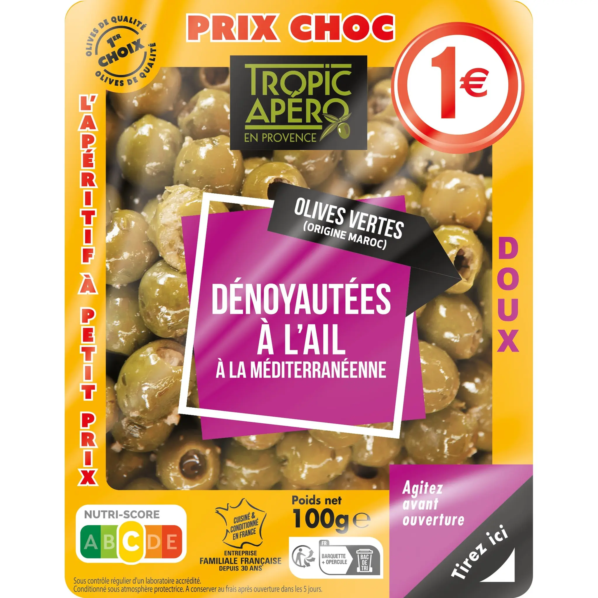 TROPIC APERO Olives vertes dénoyautées à l'ail doux à la méditerranéenne