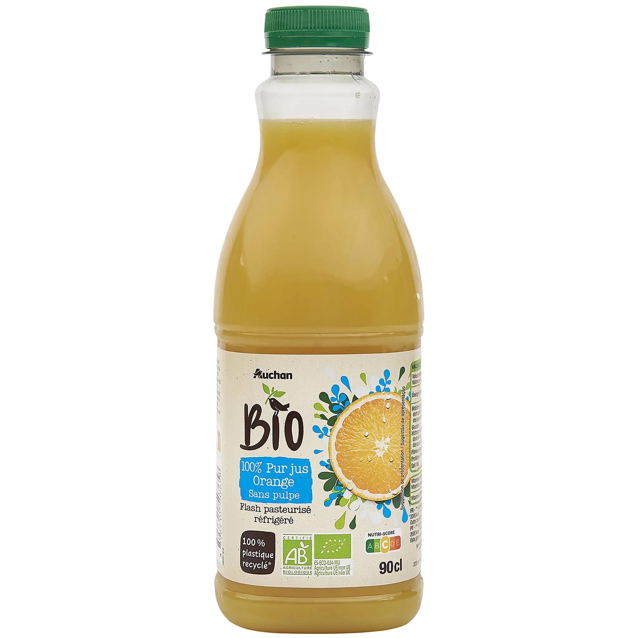 AUCHAN BIO 100% pur jus orange sans pulpe