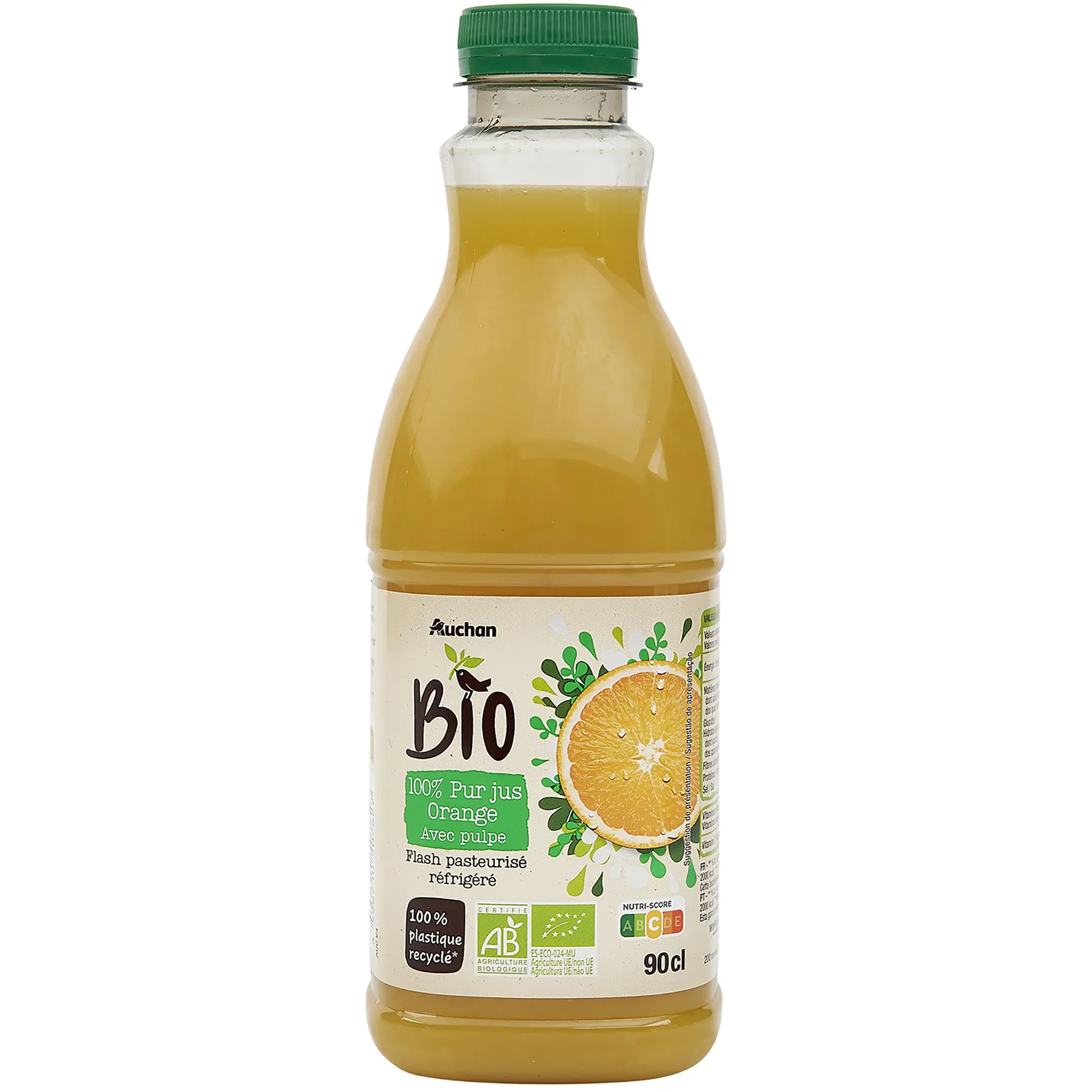 AUCHAN BIO 100% pur jus d'orange avec pulpe