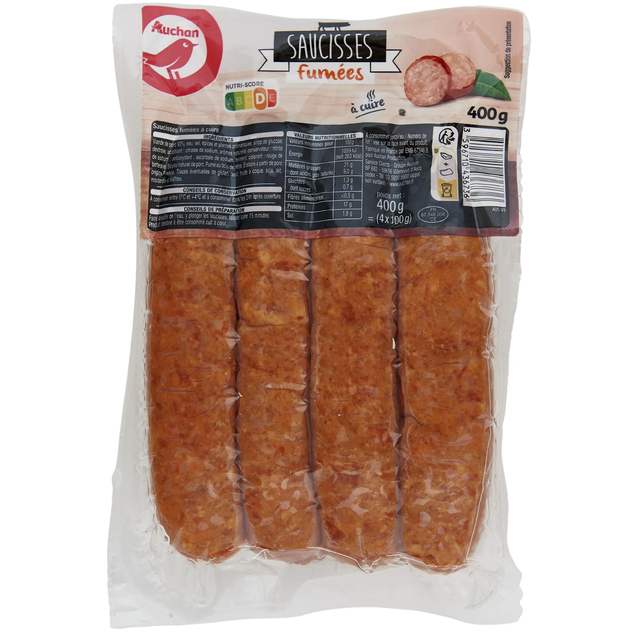 AUCHAN Saucisses fumées à cuire