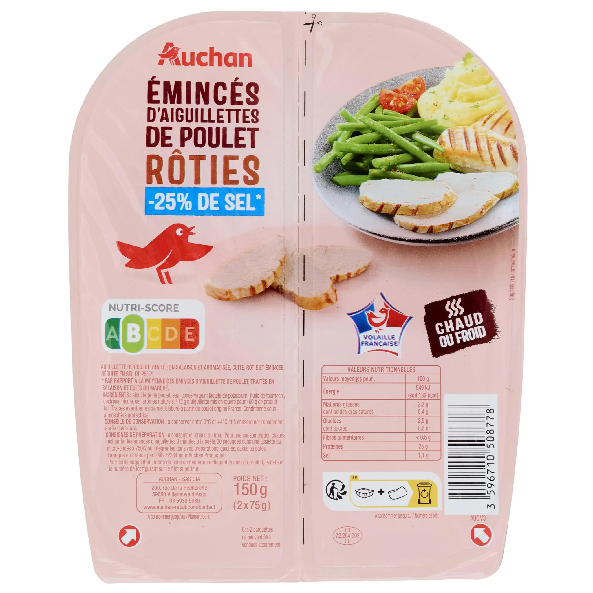 AUCHAN Émincés d'aiguillettes de poulet rôties réduit de sel