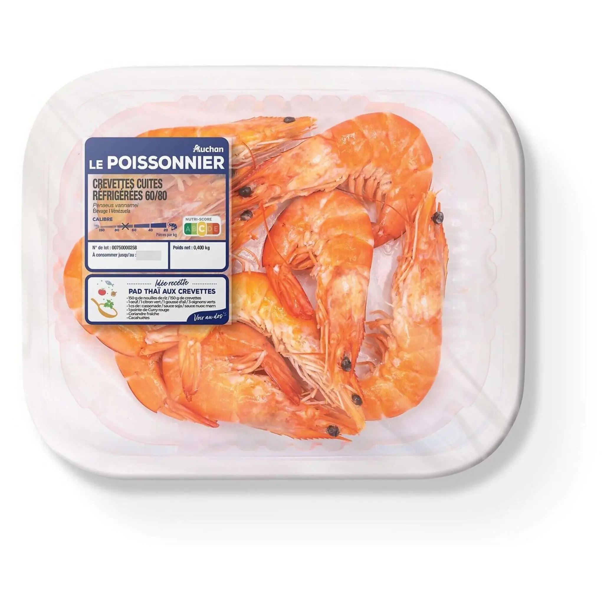 AUCHAN LE POISSONNIER Crevettes entières cuites réfrigérées