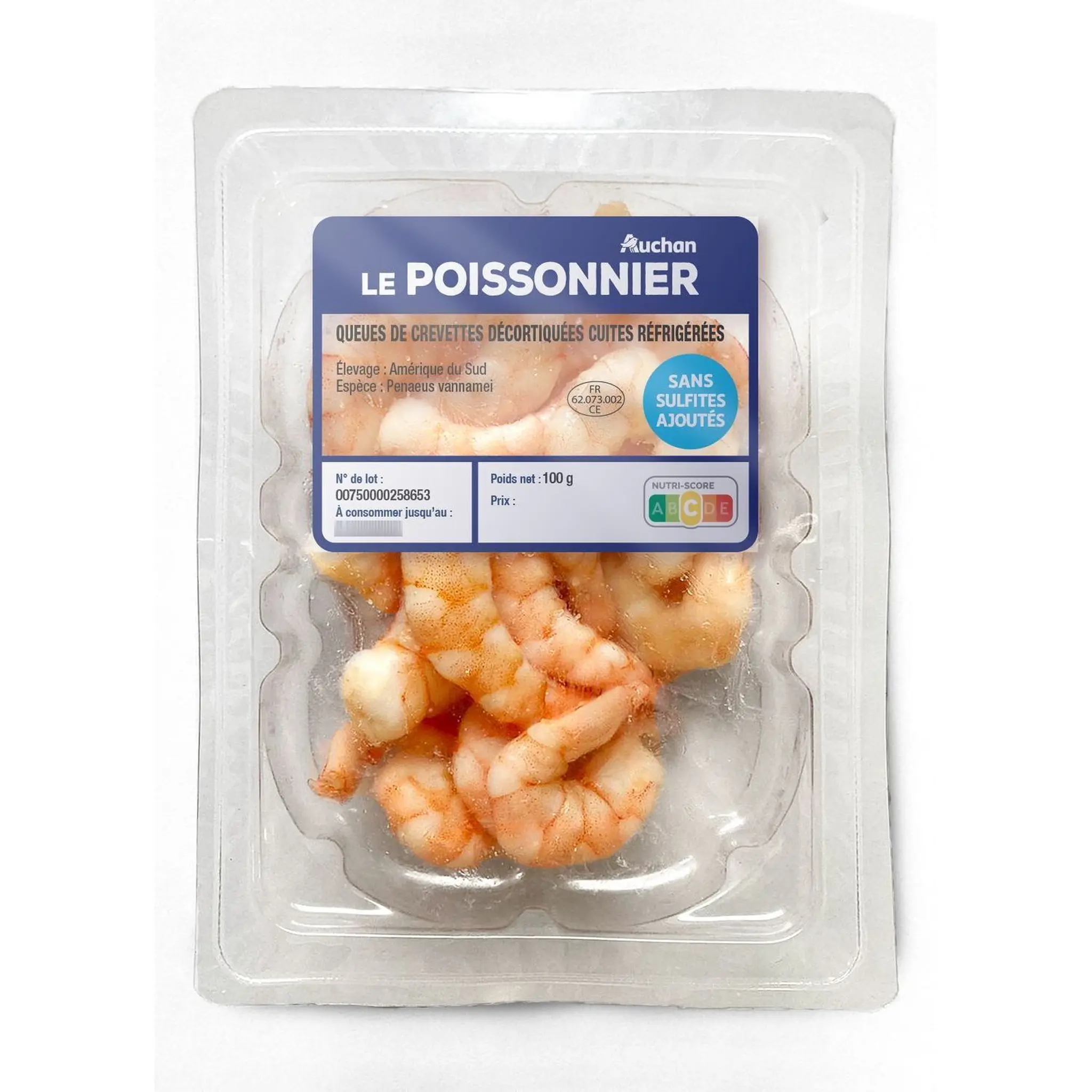 AUCHAN LE POISSONNIER Queues de crevettes décortiquées cuites réfrigérées