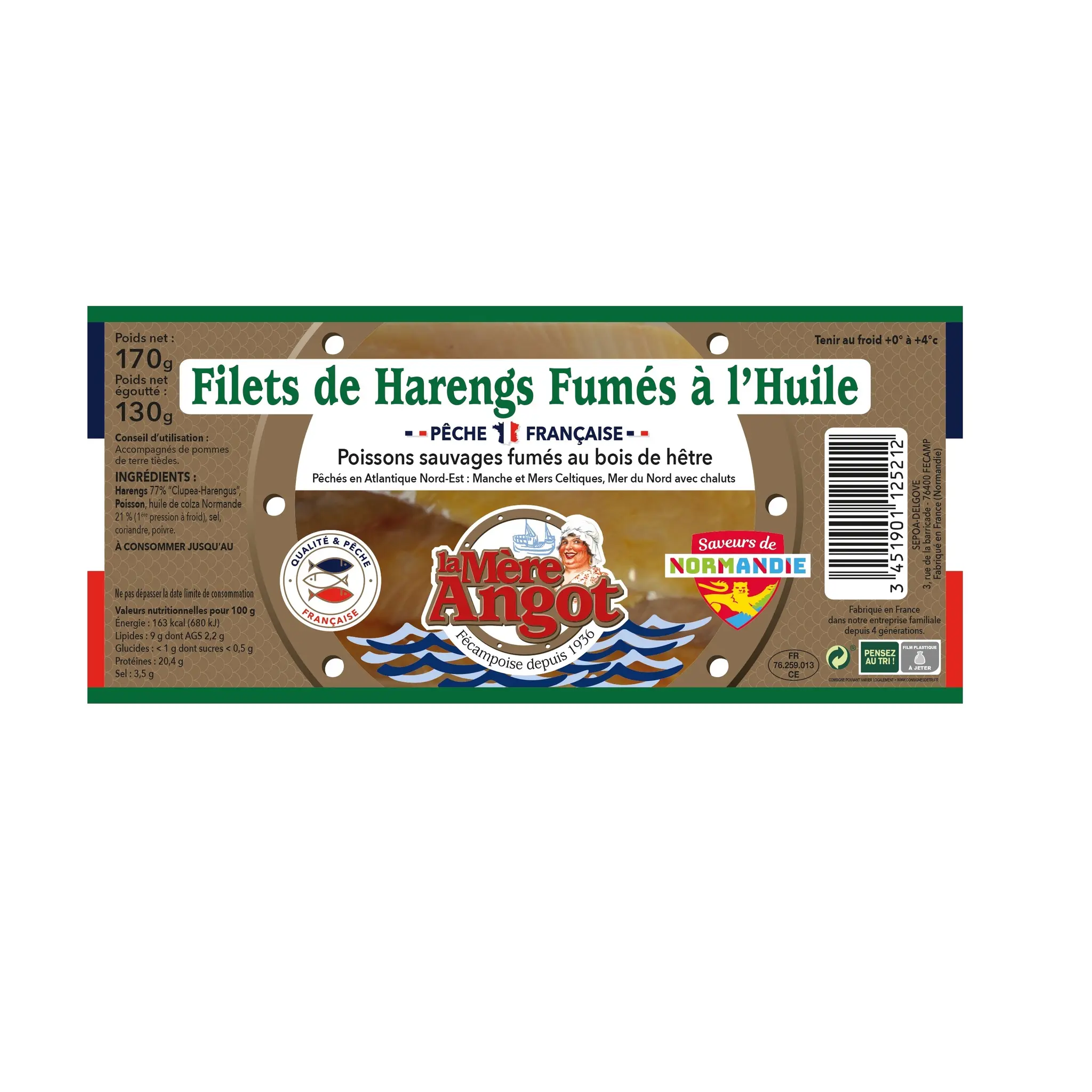 LA MERE ANGOT Filets de harengs fumés à l'huile pêche Française