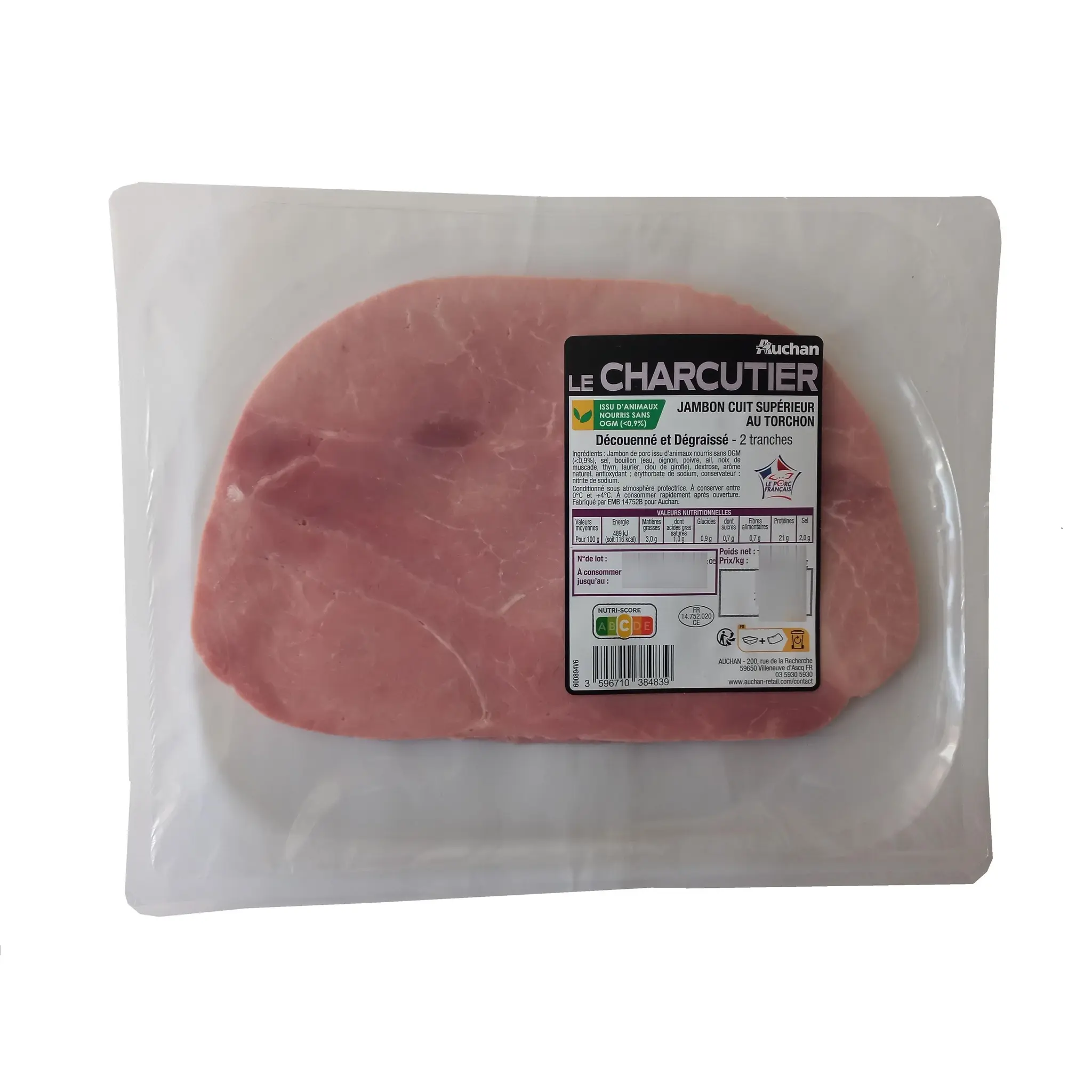 AUCHAN LE CHARCUTIER Jambon cuit supérieur au torchon découenné et dégraissé