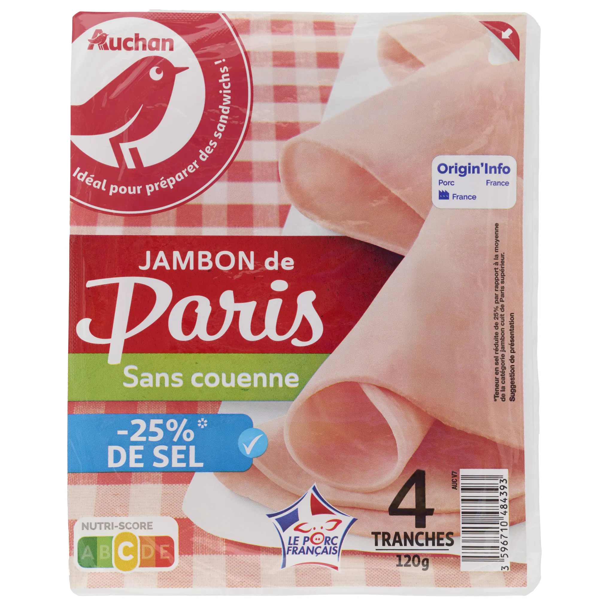 AUCHAN Jambon de Paris réduit en sel