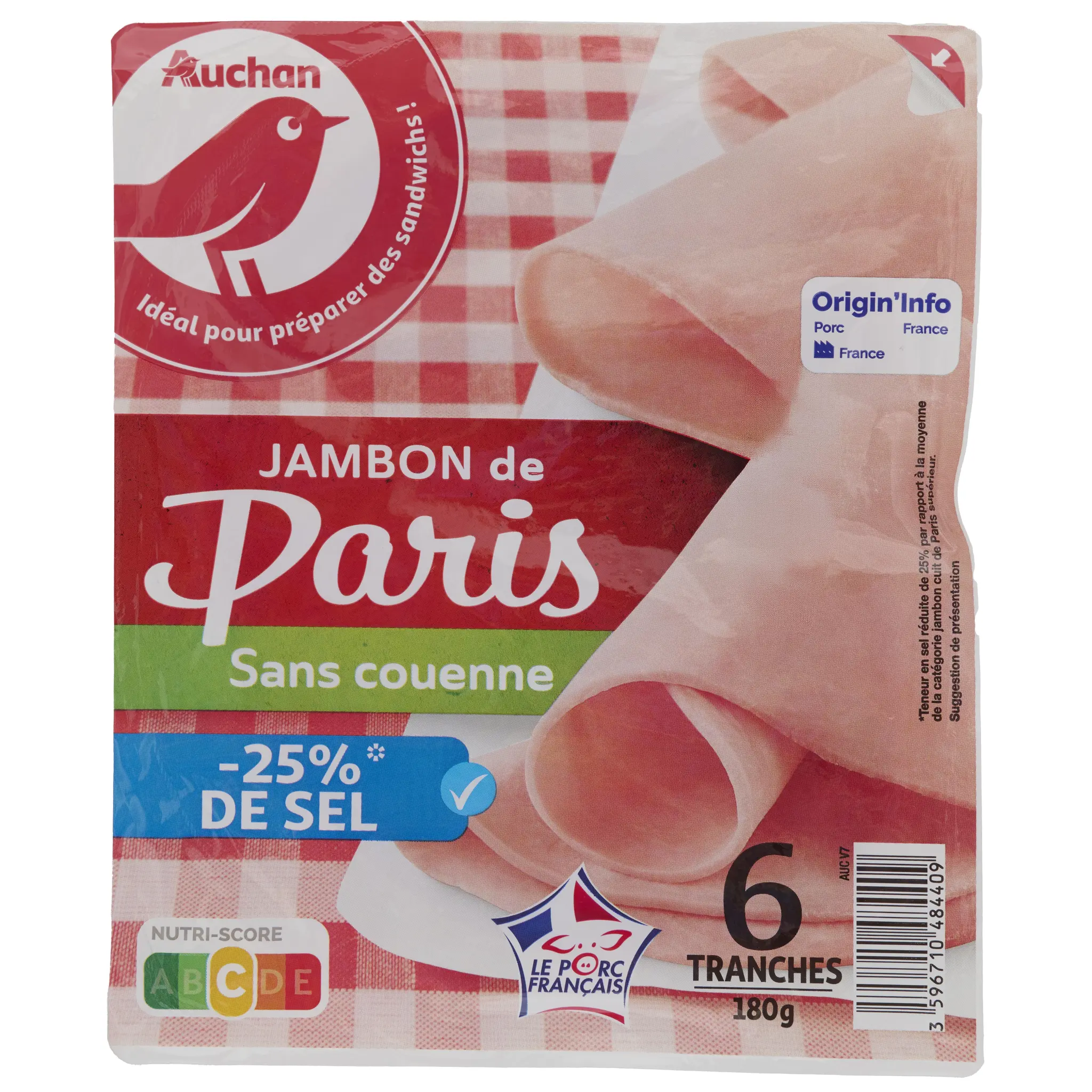 AUCHAN Jambon de Paris réduit en sel