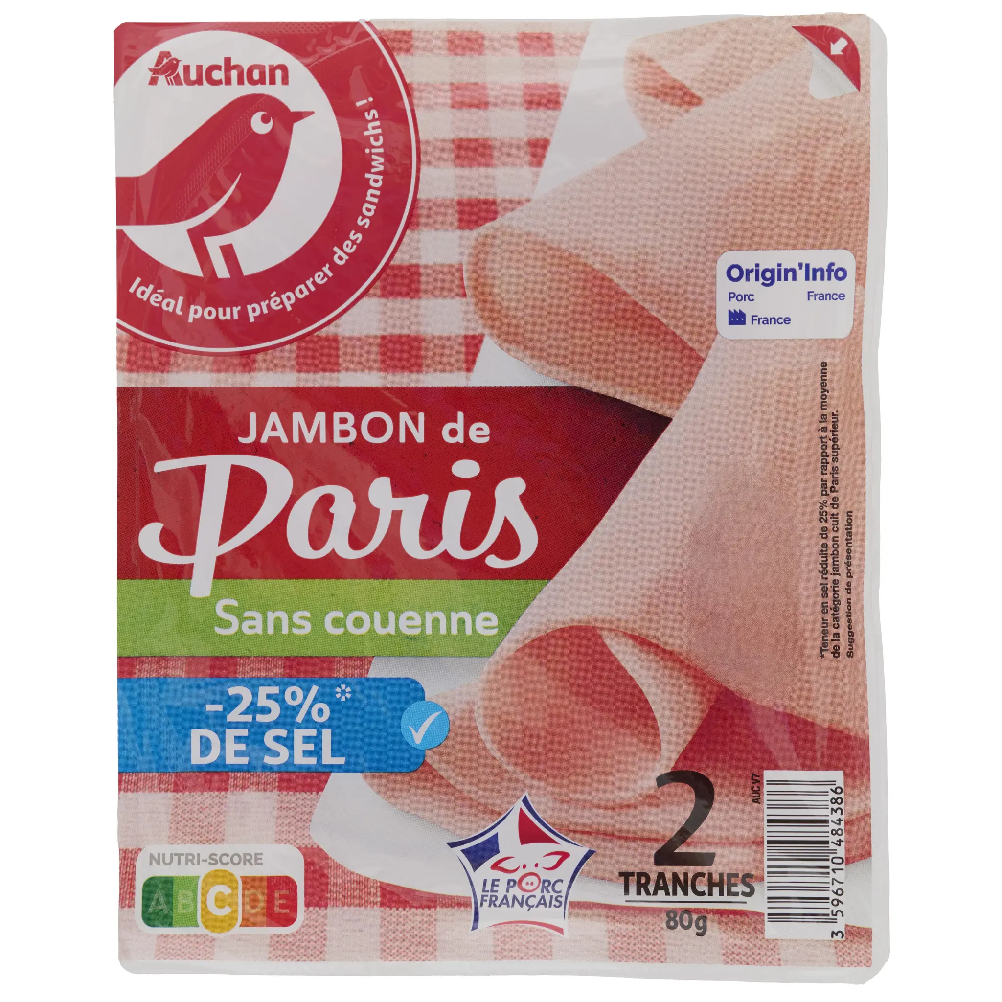 AUCHAN Jambon de Paris réduit en sel