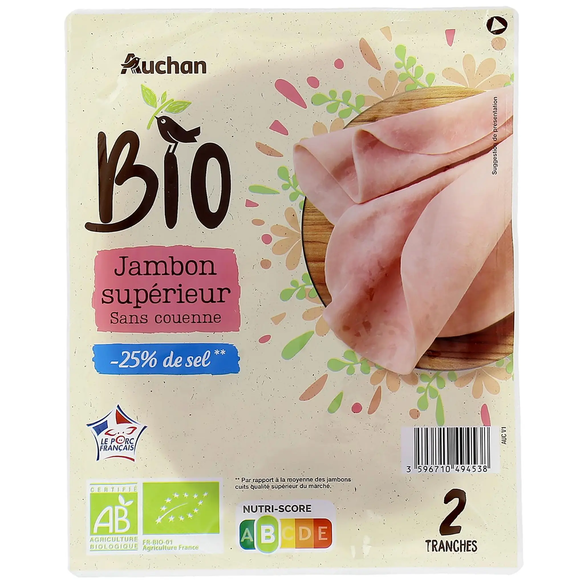AUCHAN BIO Jambon de Paris réduit en sel bio