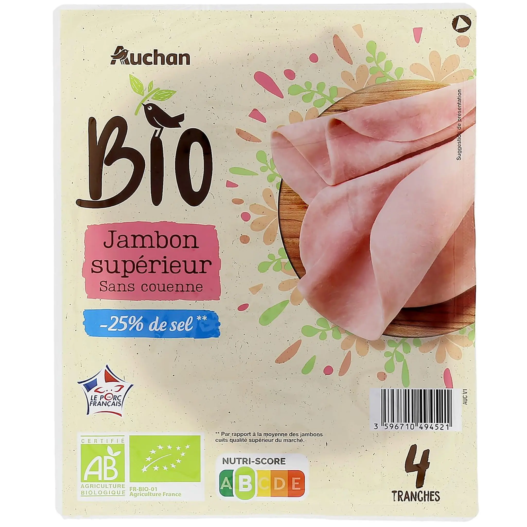 AUCHAN BIO Jambon supérieur bio sans couenne réduit en sel