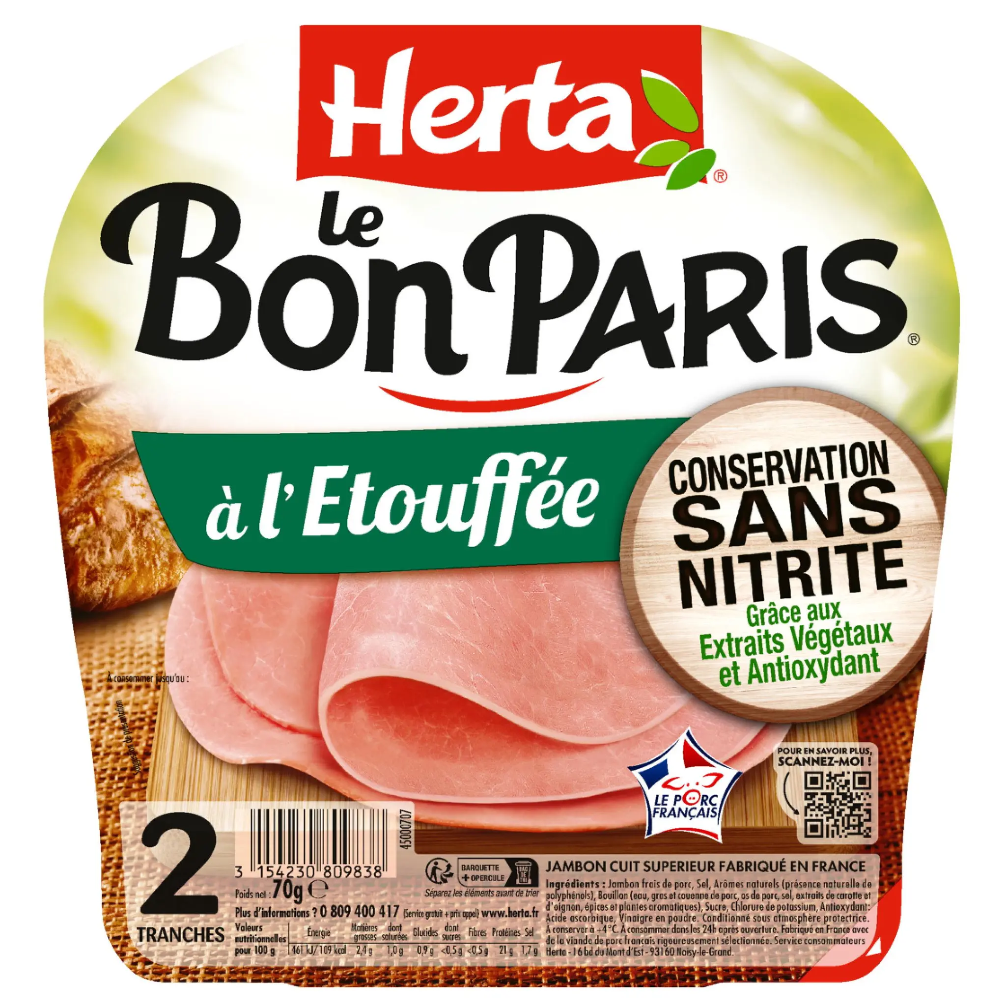 HERTA Le Bon Paris Jambon cuit à l'étouffée sans nitrite