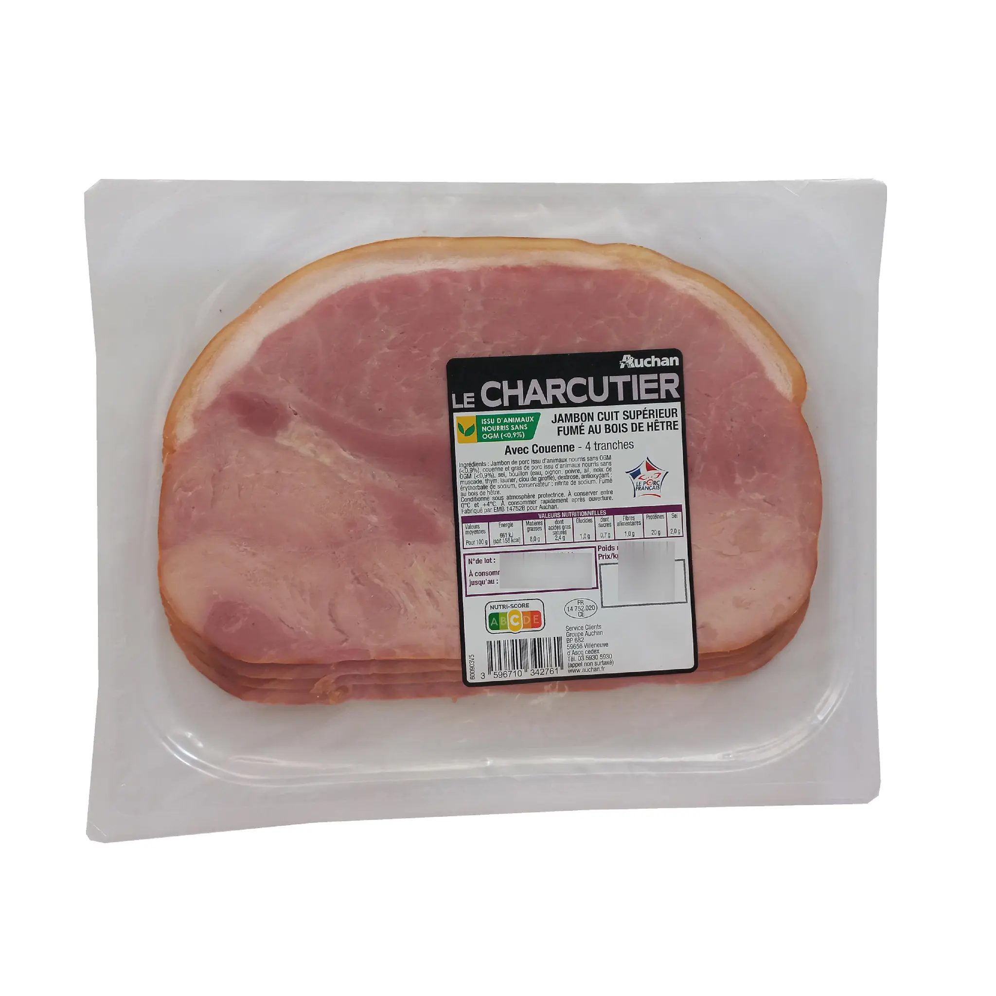 AUCHAN LE CHARCUTIER Jambon supérieur fumé avec couenne