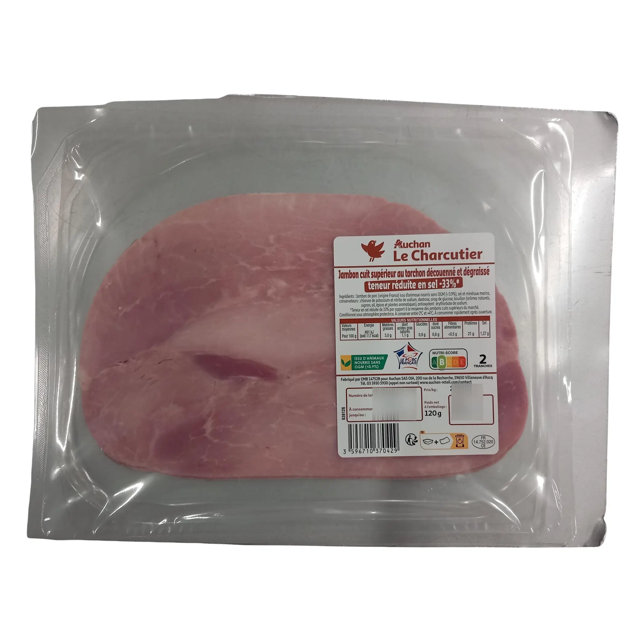 AUCHAN LE CHARCUTIER Jambon cuit dégraissé réduit en sel