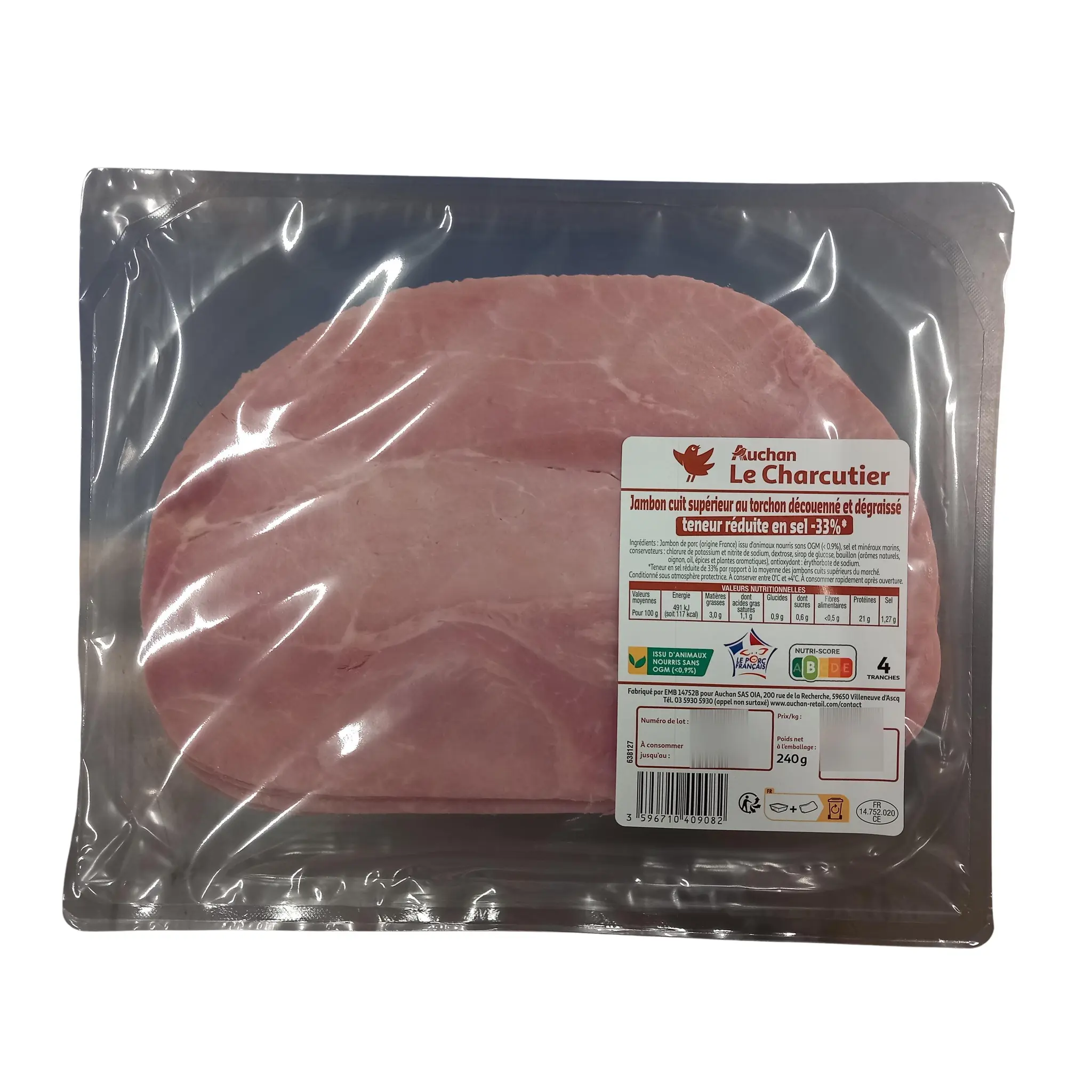 AUCHAN LE CHARCUTIER Jambon cuit au torchon réduit en sel