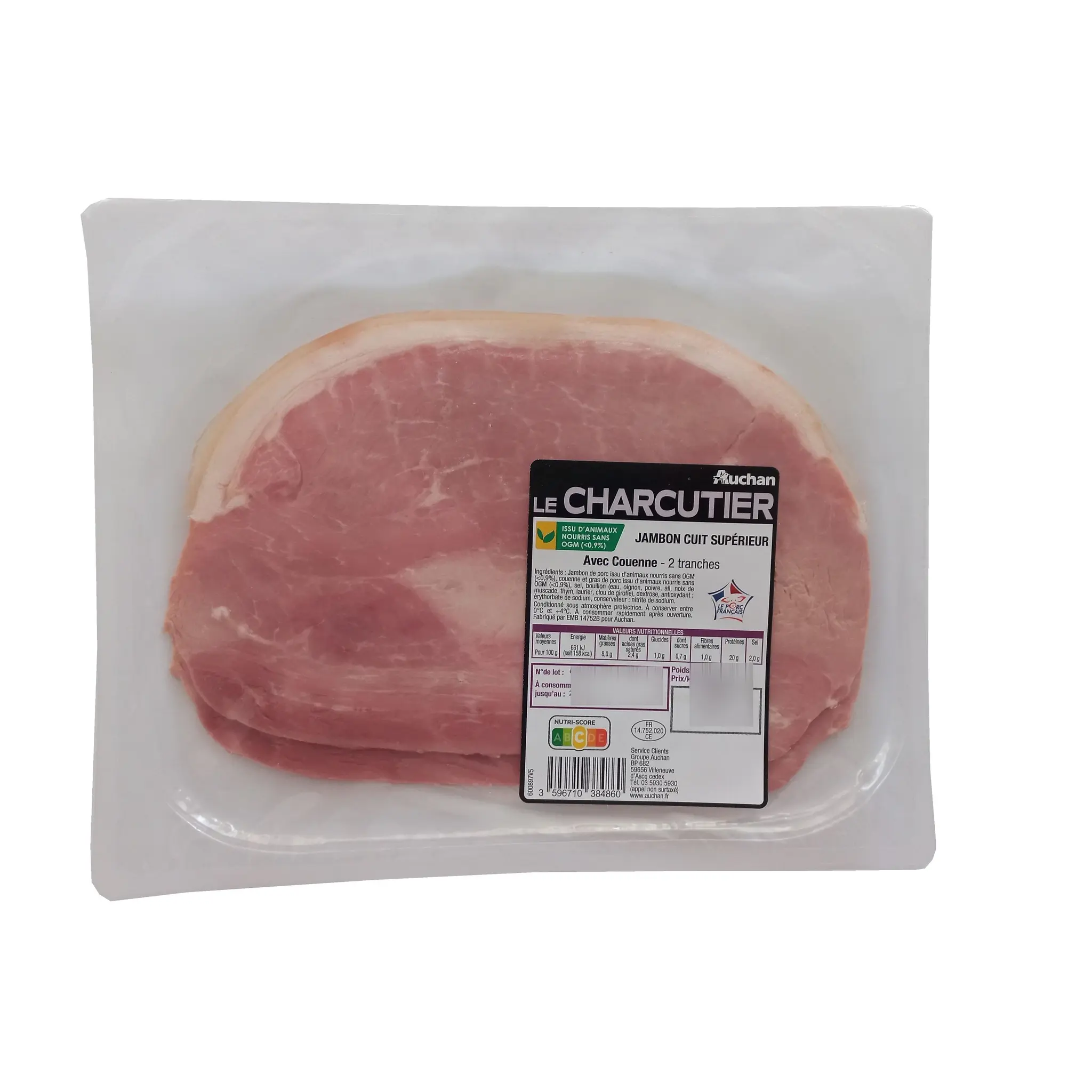 AUCHAN LE CHARCUTIER Jambon cuit supérieur avec couenne