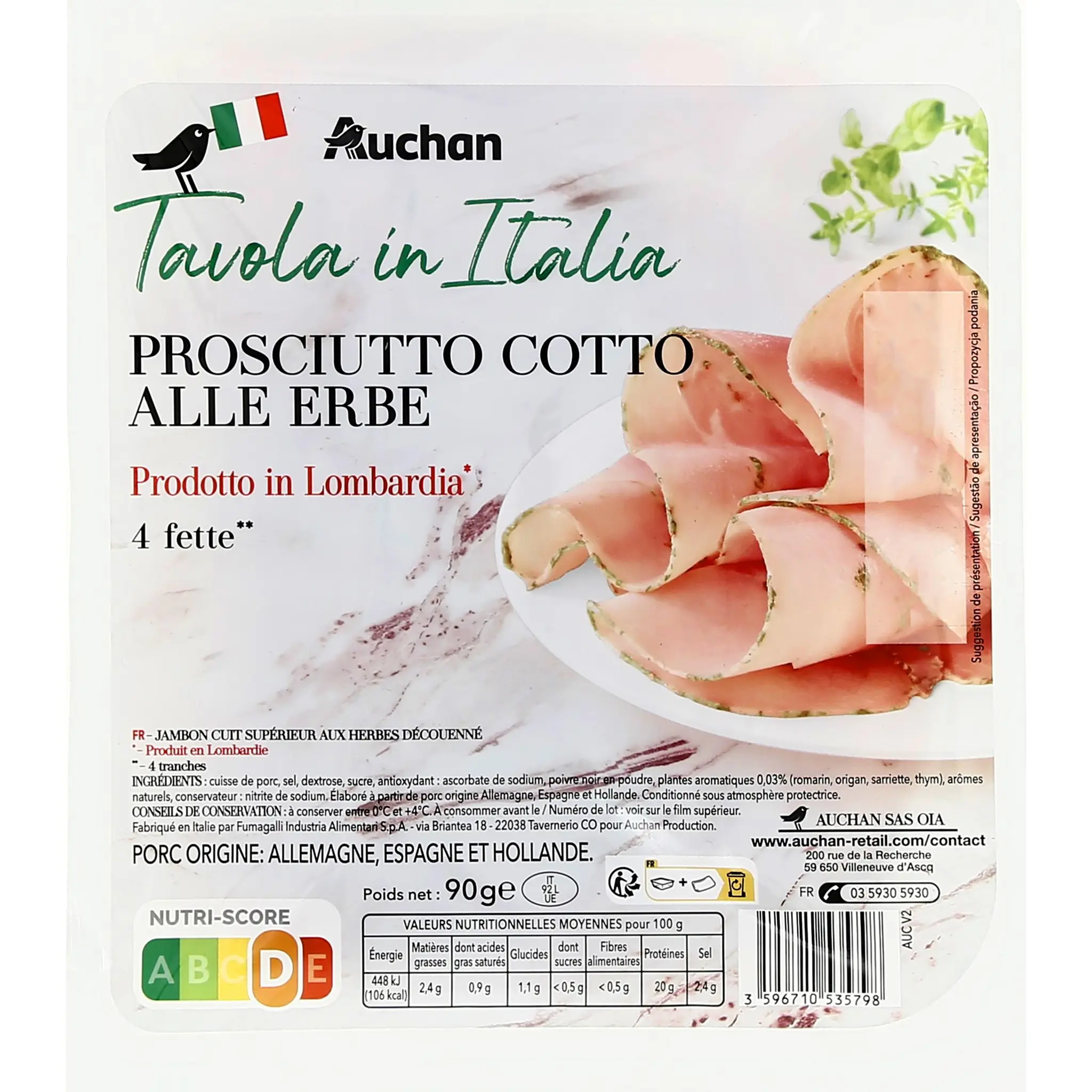 AUCHAN TAVOLA IN ITALIA Jambon cuit supérieur aux herbes découenné