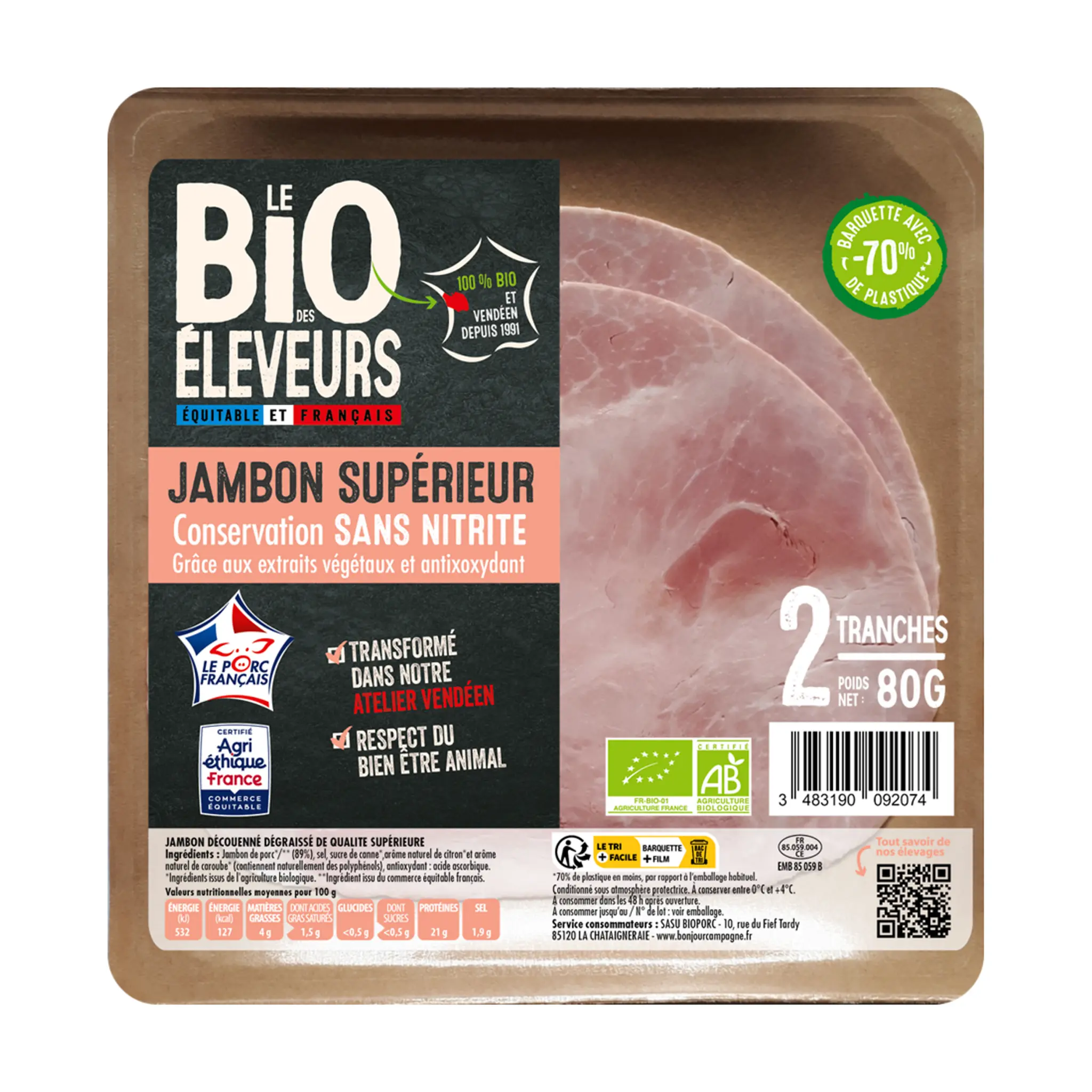 BONJOUR CAMPAGNE Jambon cuit bio supérieur découenné dégraissé sans nitrite