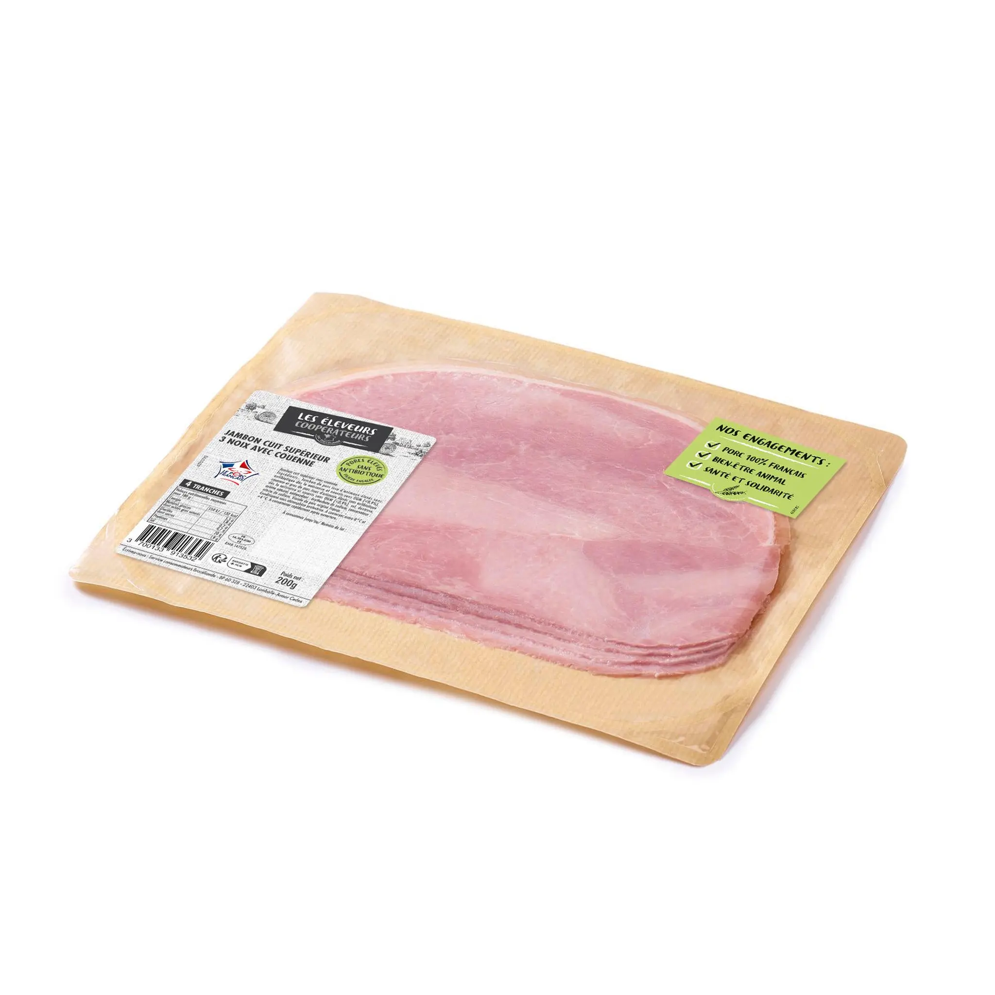 LES ELEVEURS COOPERATEURS Jambon cuit supérieur 3 noix avec couenne