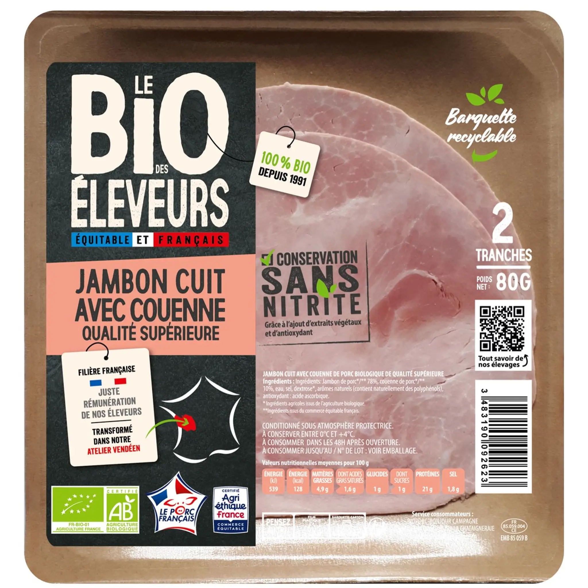 LE BIO DES ELEVEURS Jambon cuit supérieur avec couenne sans nitrite