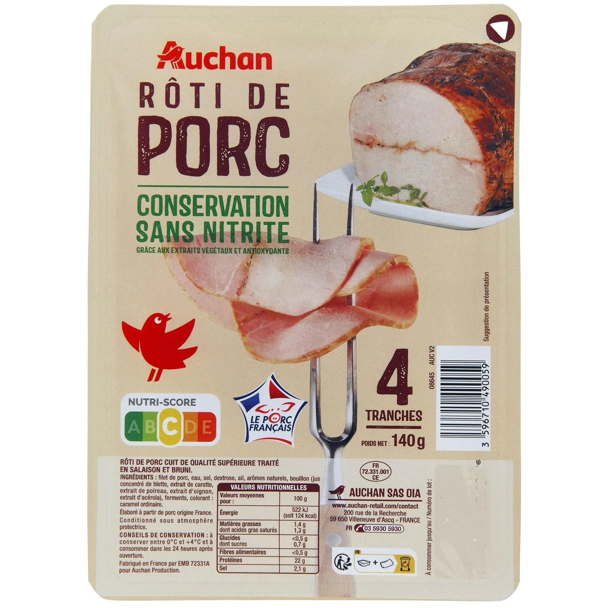 AUCHAN Roti de porc conservation sans nitrite