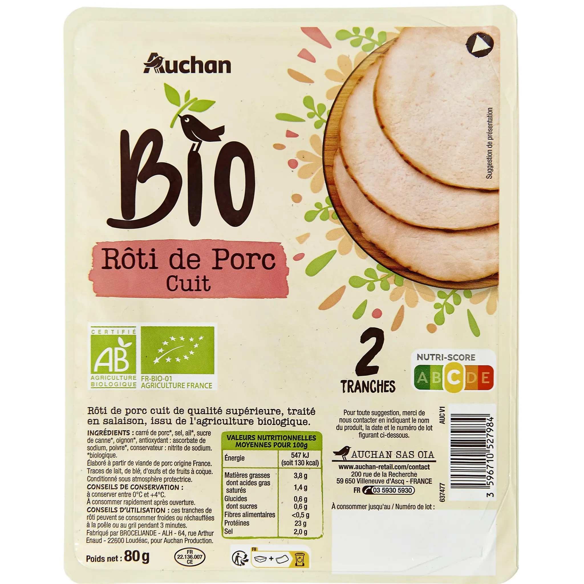 AUCHAN BIO Rôti de porc cuit en tranches