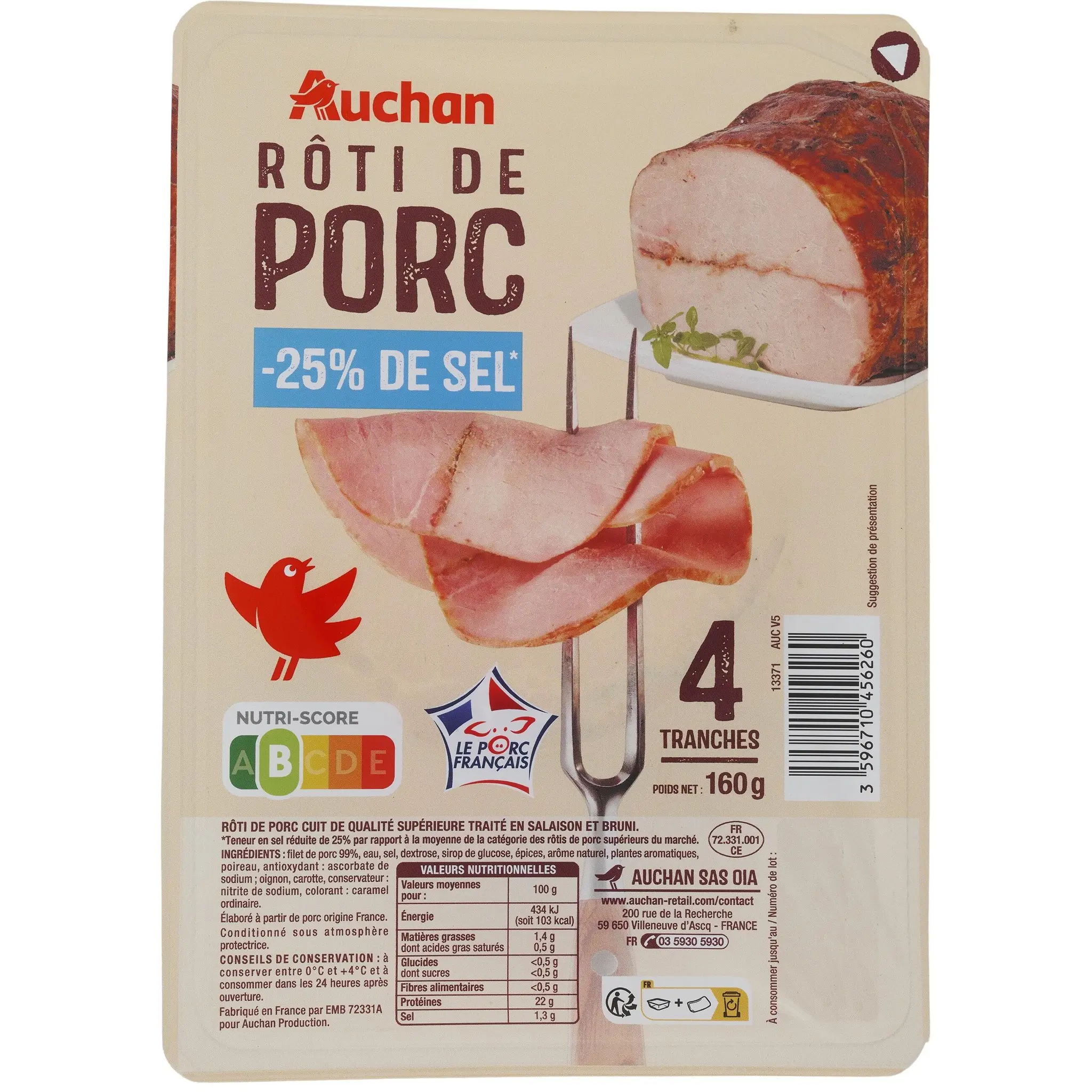 AUCHAN Rôti de porc cuit sel réduit