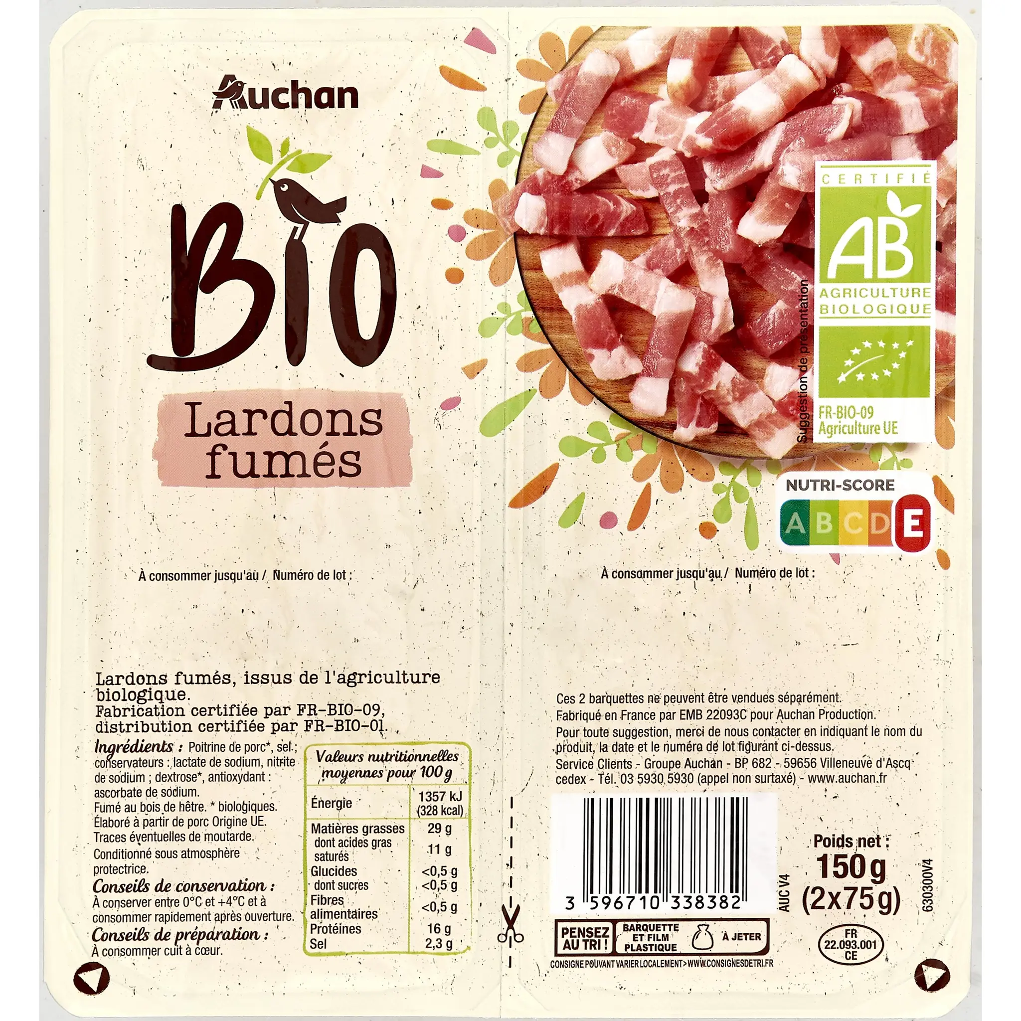 AUCHAN BIO Lardons fumés