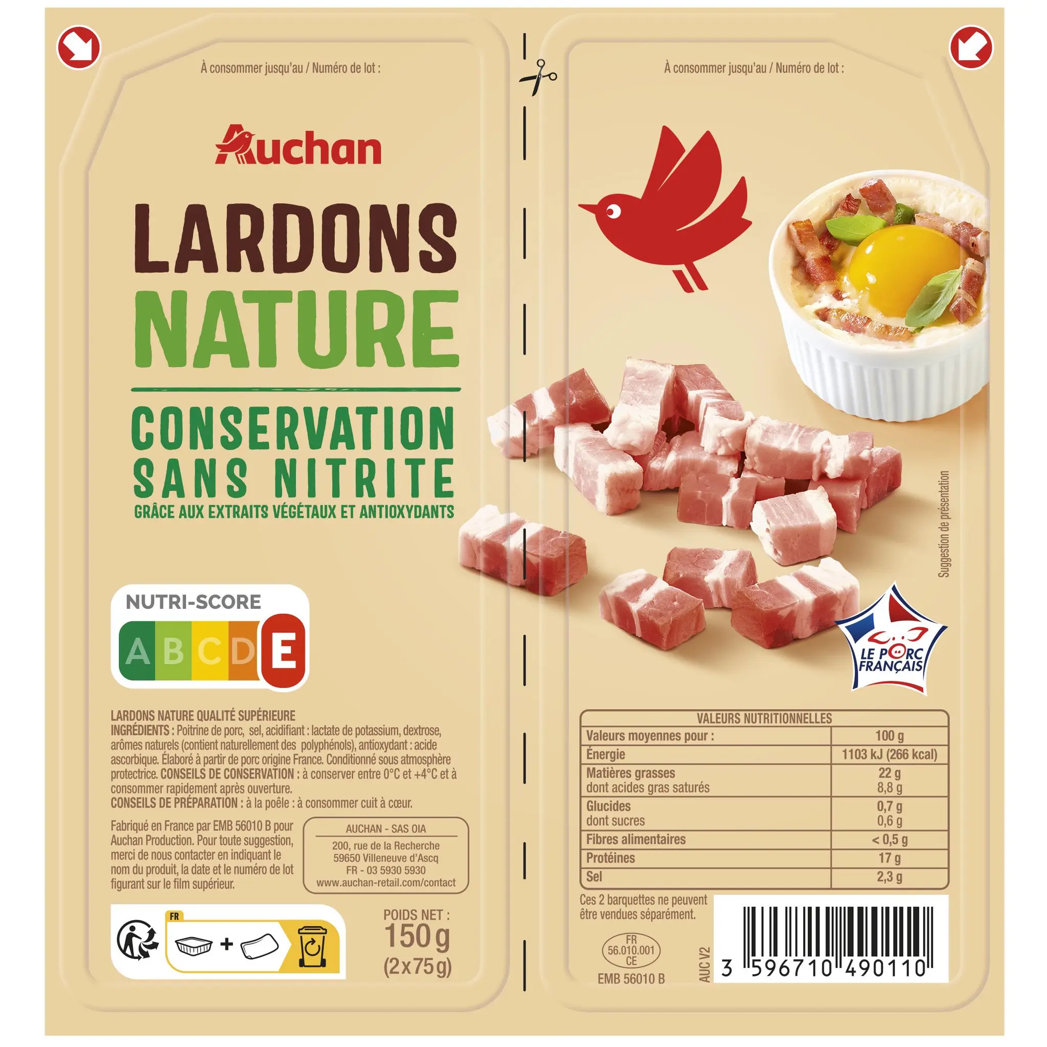 AUCHAN Lardons natures sans nitrite