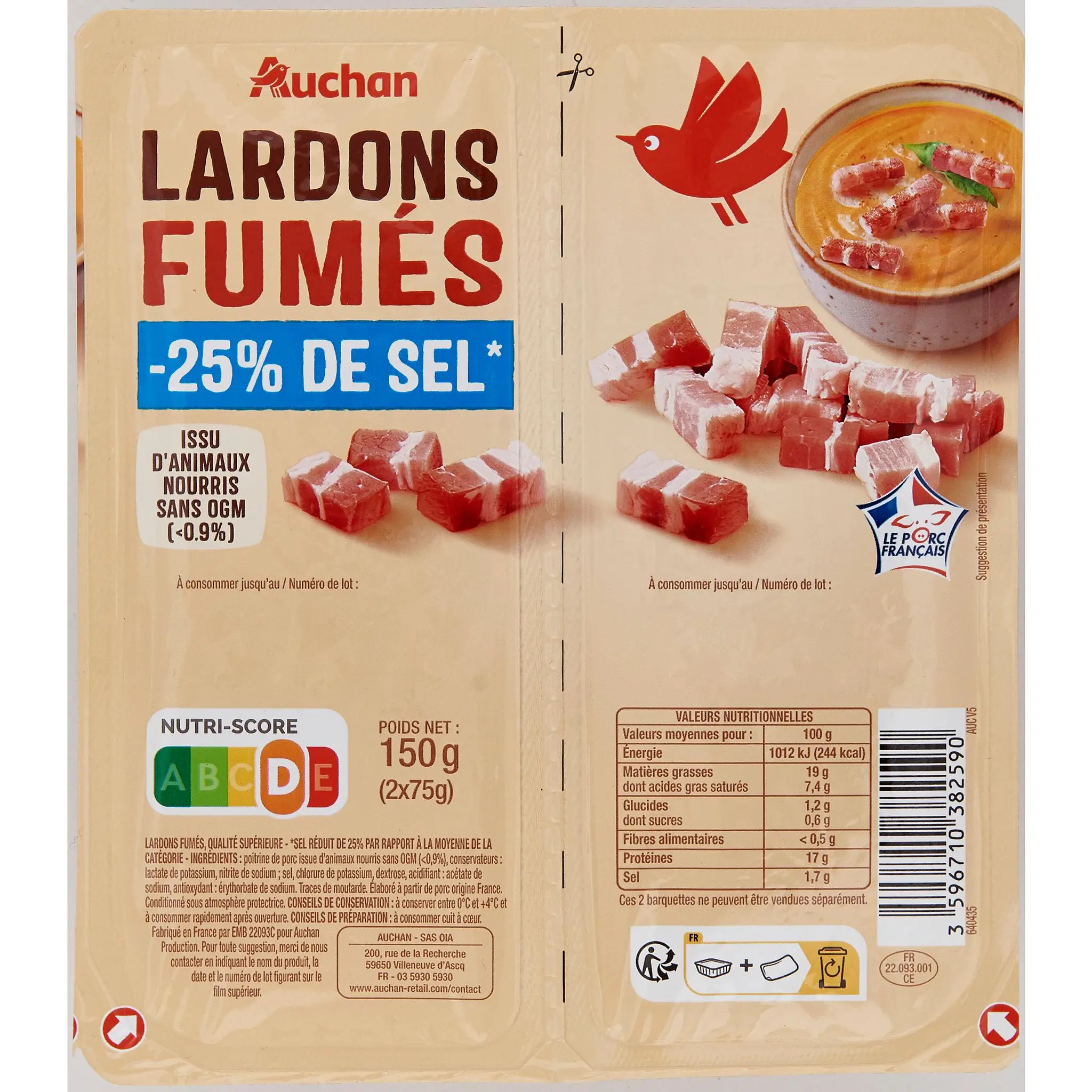 AUCHAN Lardons fumés réduit en sel