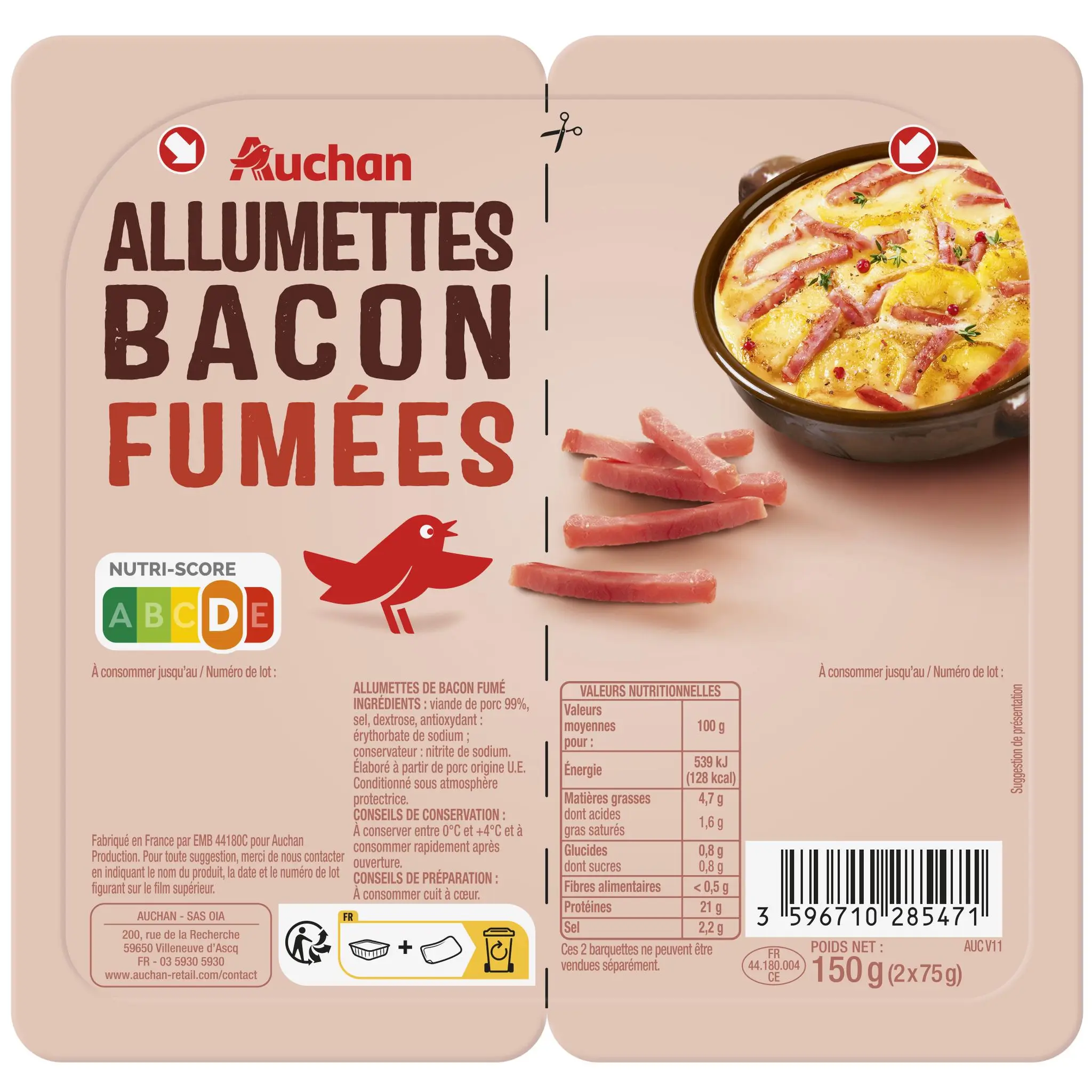 AUCHAN Allumettes de bacon fumées