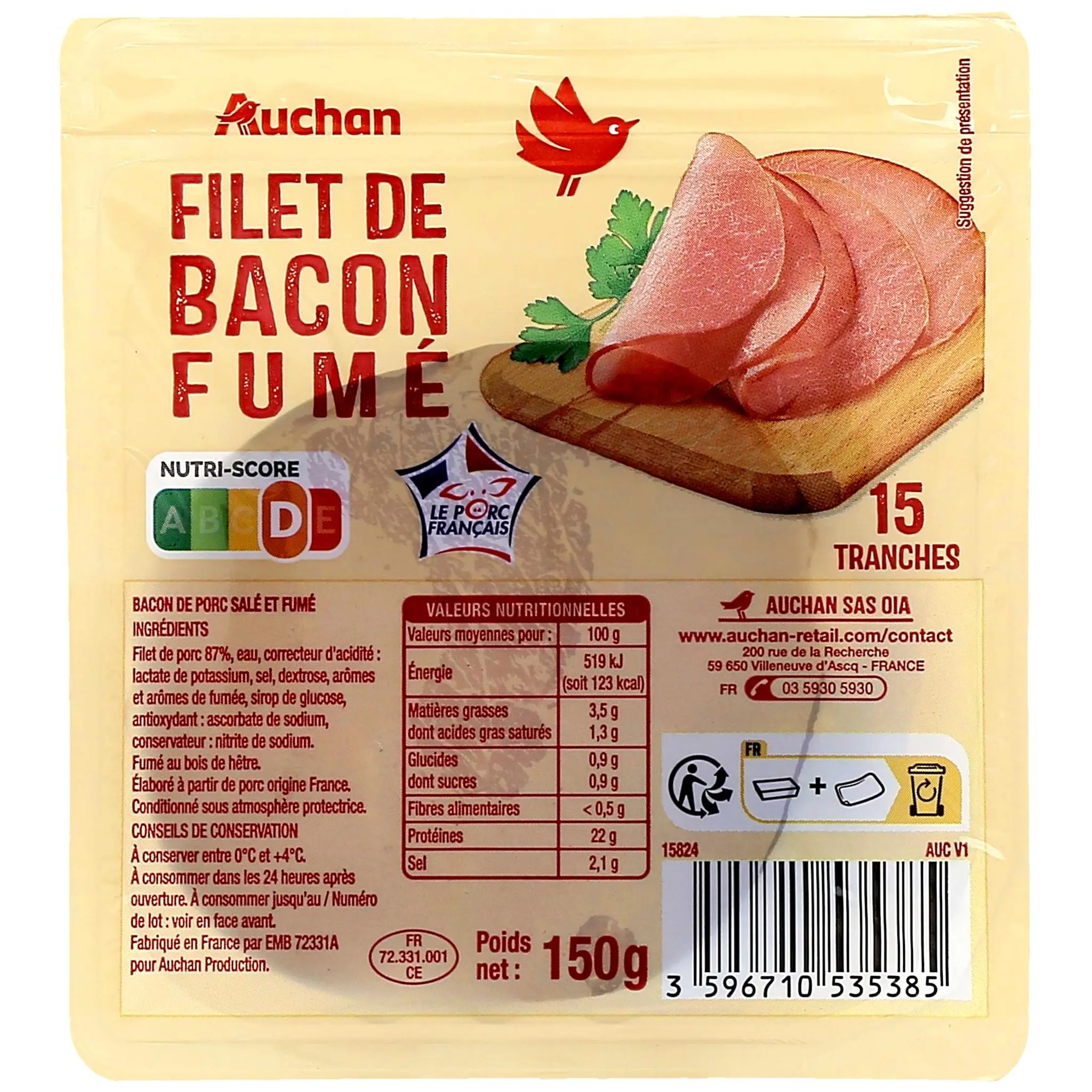 AUCHAN Filet de bacon fumé
