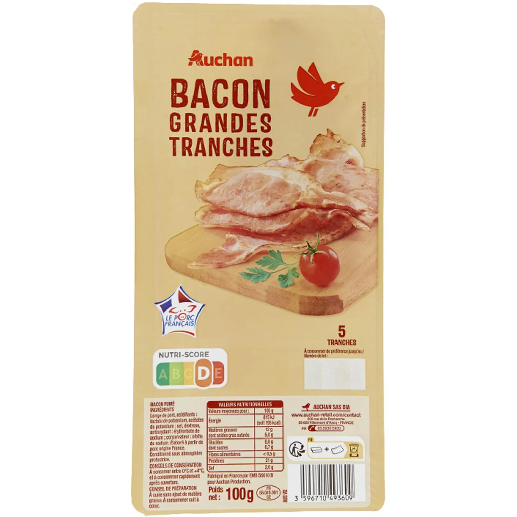 AUCHAN Bacon en grandes tranches