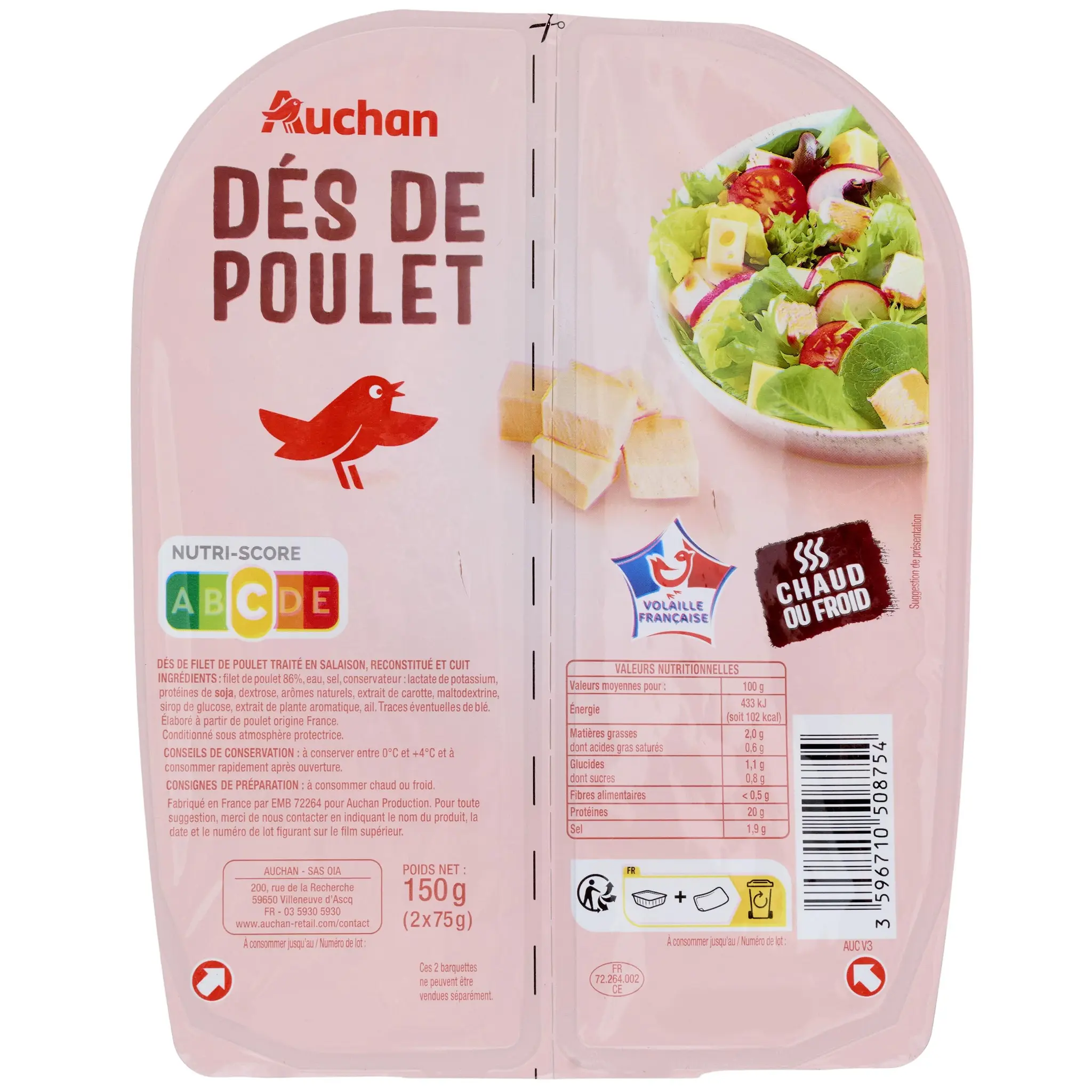 AUCHAN Dés de poulet rôti