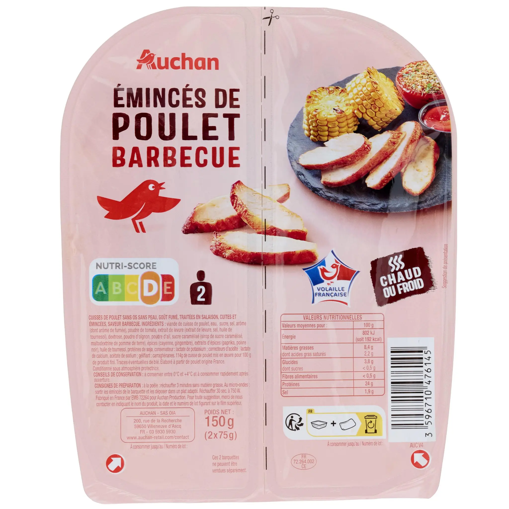 AUCHAN Emincés de poulet Barbecue