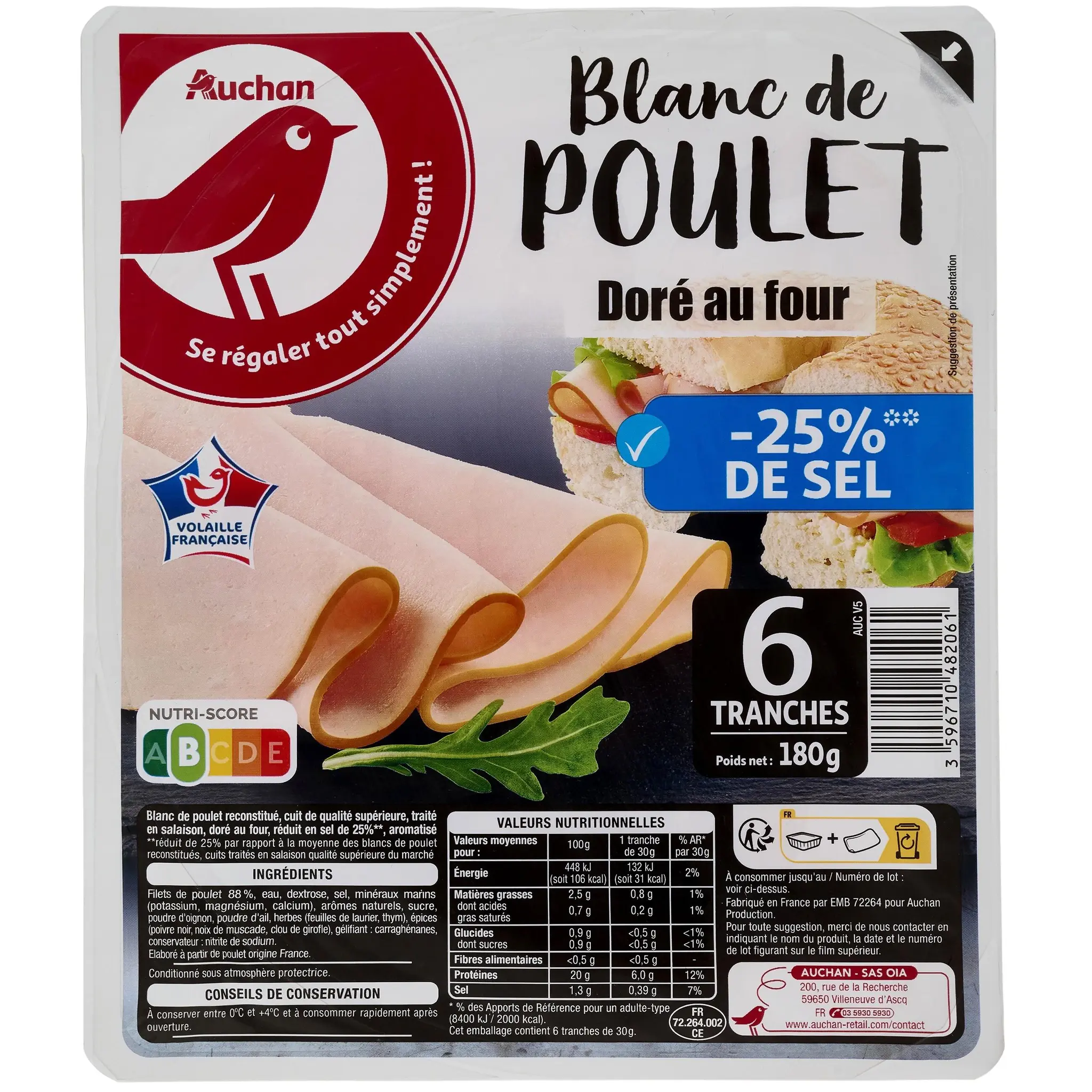 AUCHAN Blanc de poulet taux de sel réduit