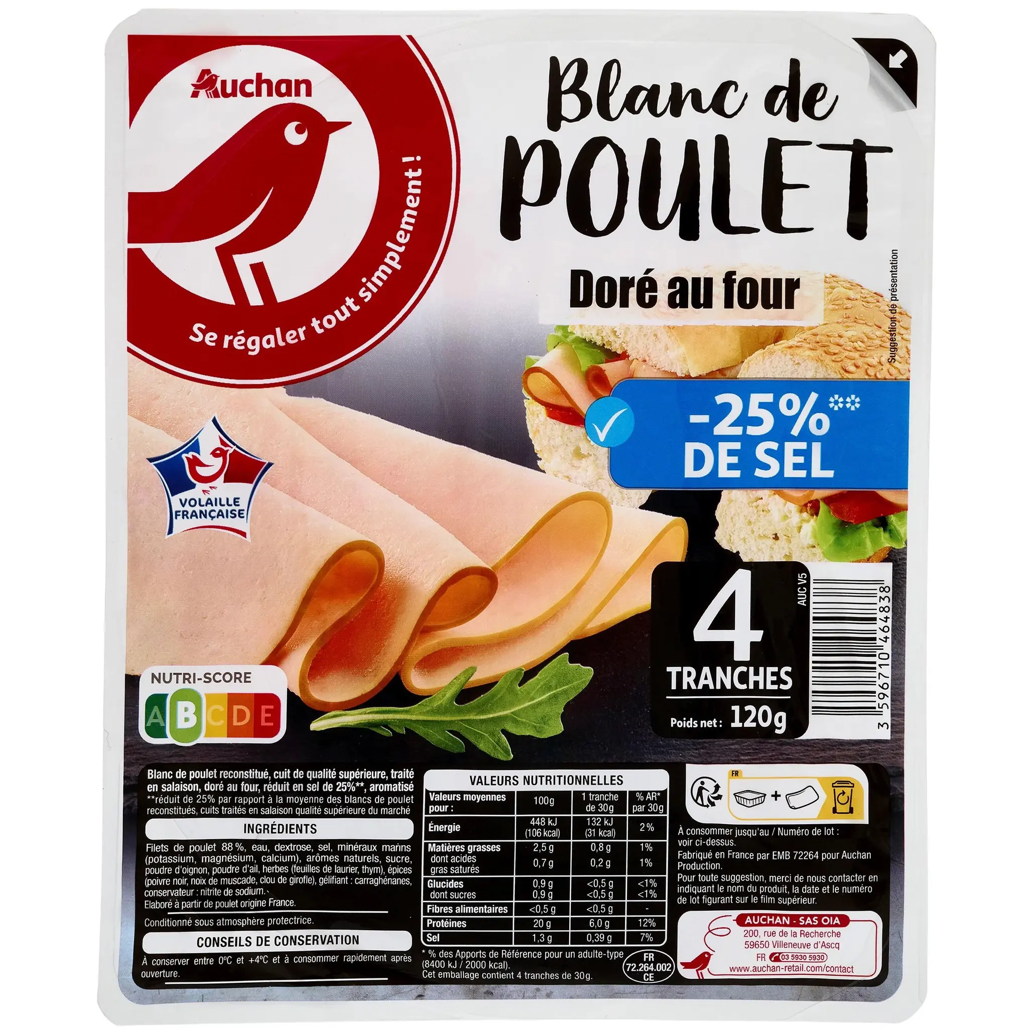 AUCHAN Blanc de poulet taux de sel réduit