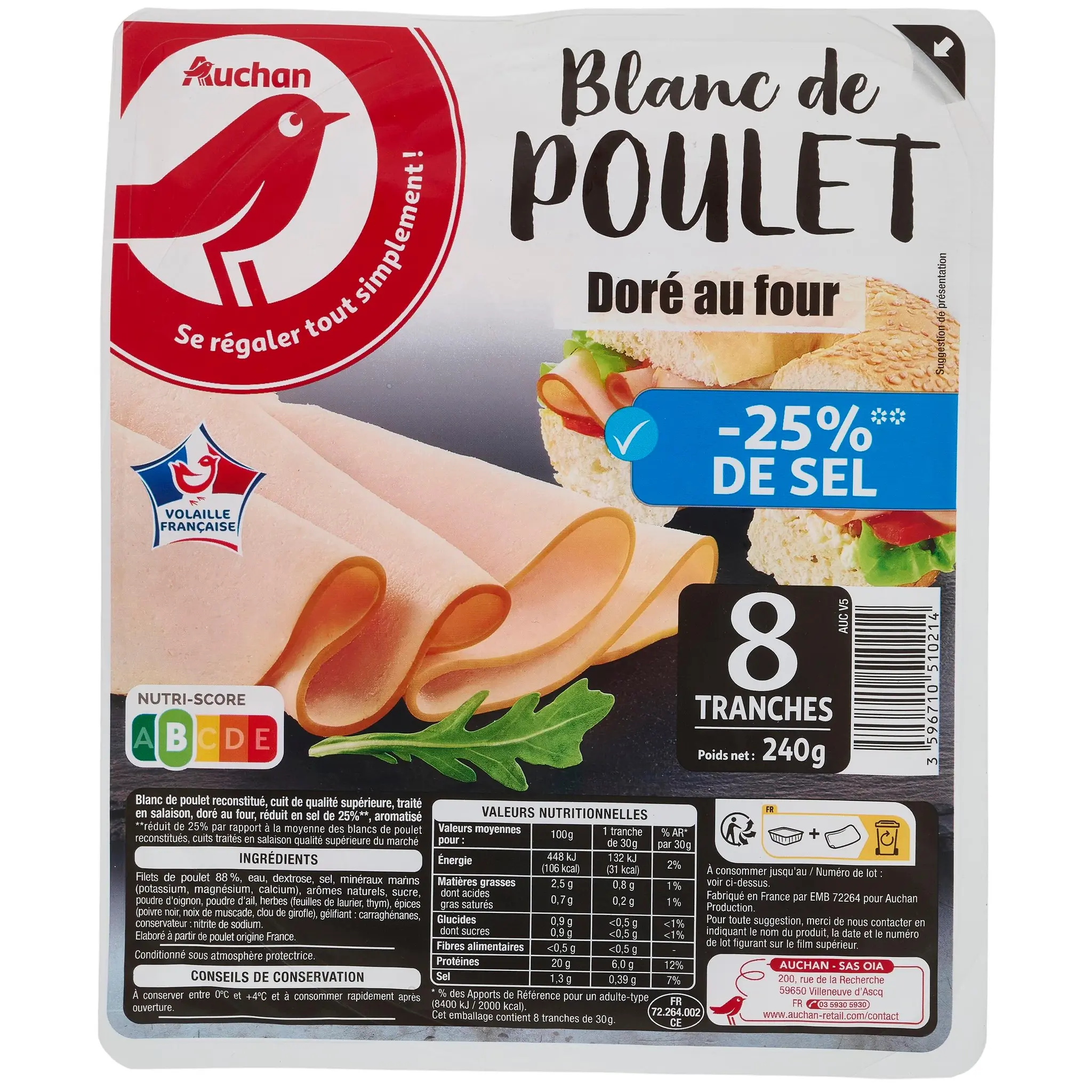 AUCHAN Blanc de poulet doré au four réduit en sel