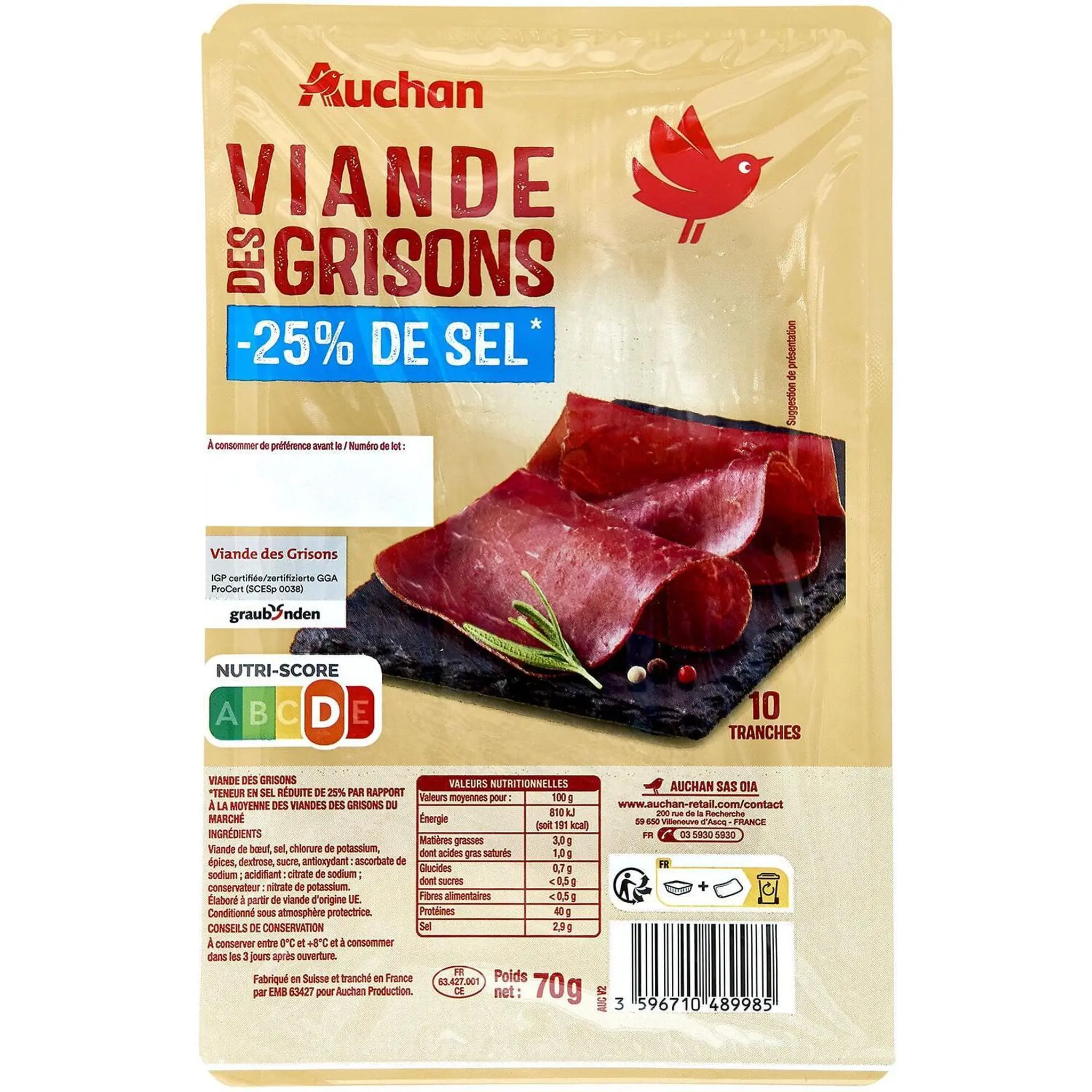 AUCHAN Viande des grisons réduit en sel