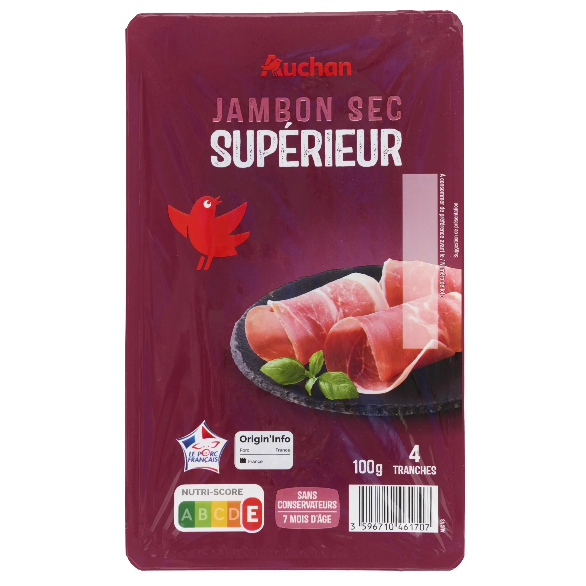 AUCHAN Jambon sec supérieur sans conservateurs 7 mois d'âge