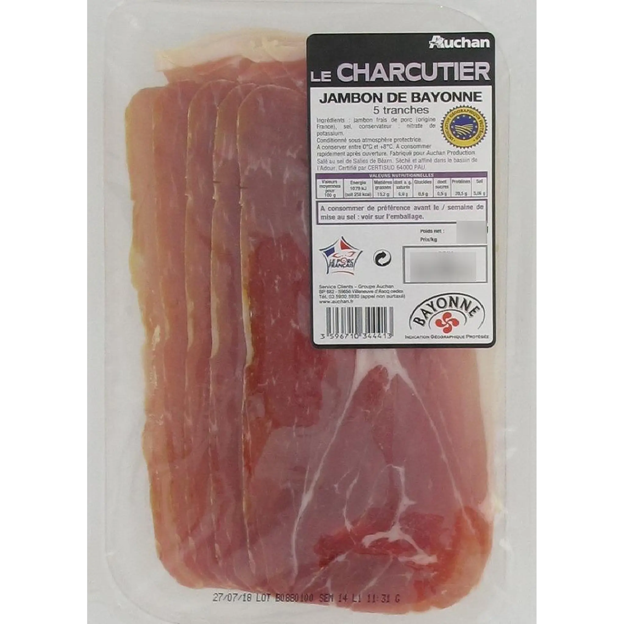 AUCHAN LE CHARCUTIER Jambon de Bayonne IGP 12 mois d'affinage