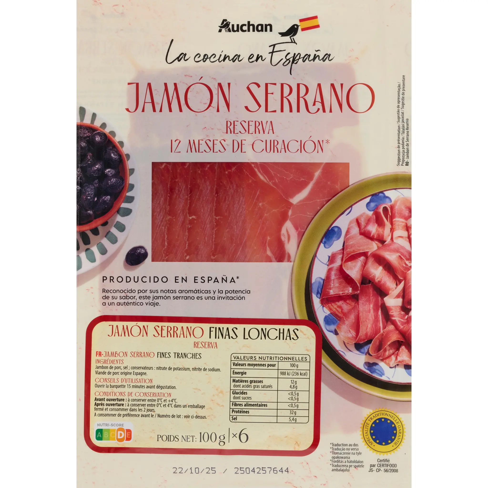 AUCHAN LA COCINA EN ESPANA Jambon Serrano fines tranches