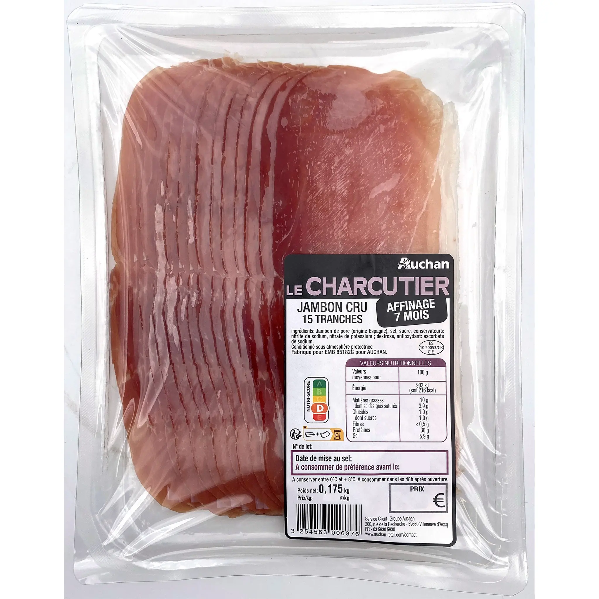 AUCHAN LE CHARCUTIER Jambon cru affinage 7 mois