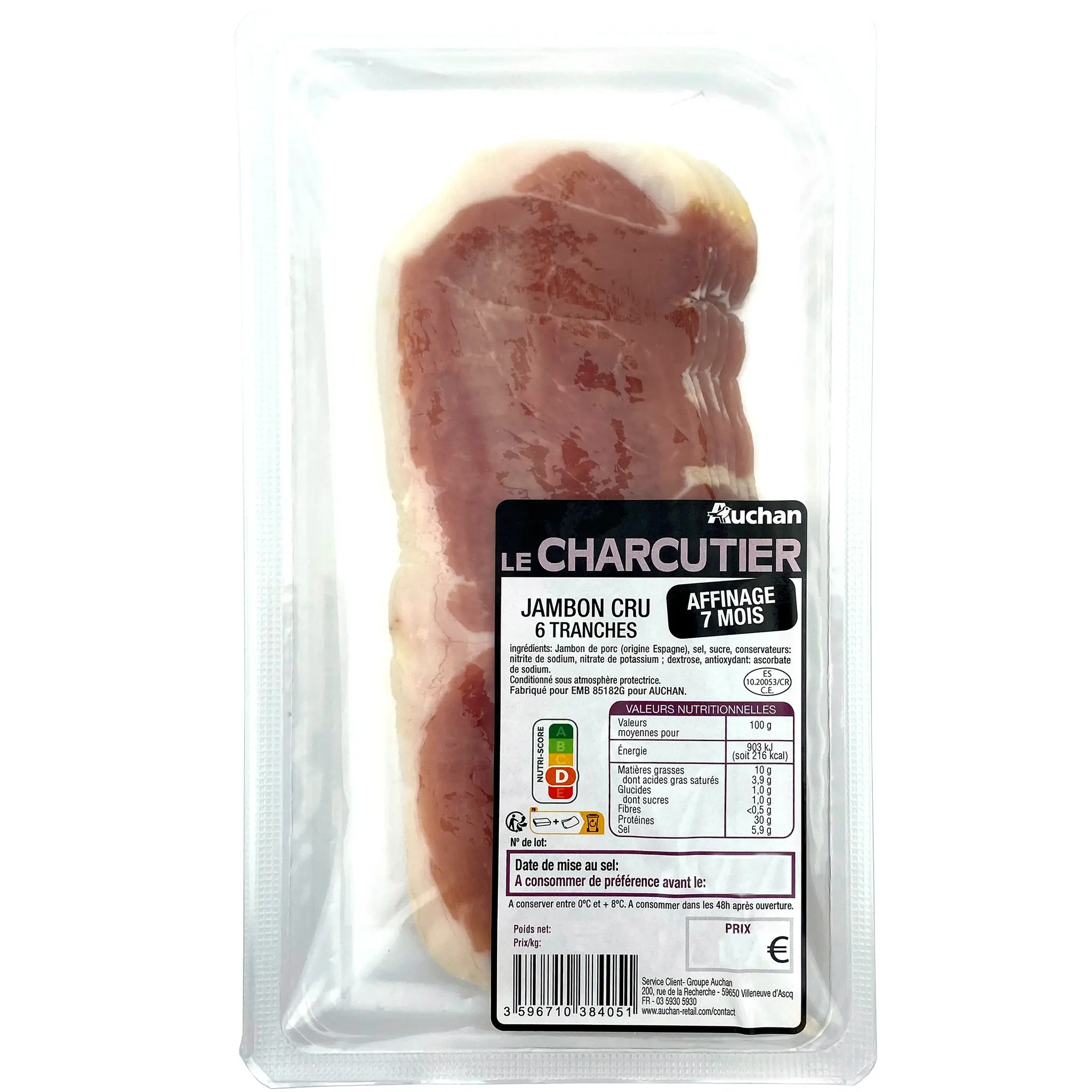 AUCHAN LE CHARCUTIER Jambon cru affinage 7 mois