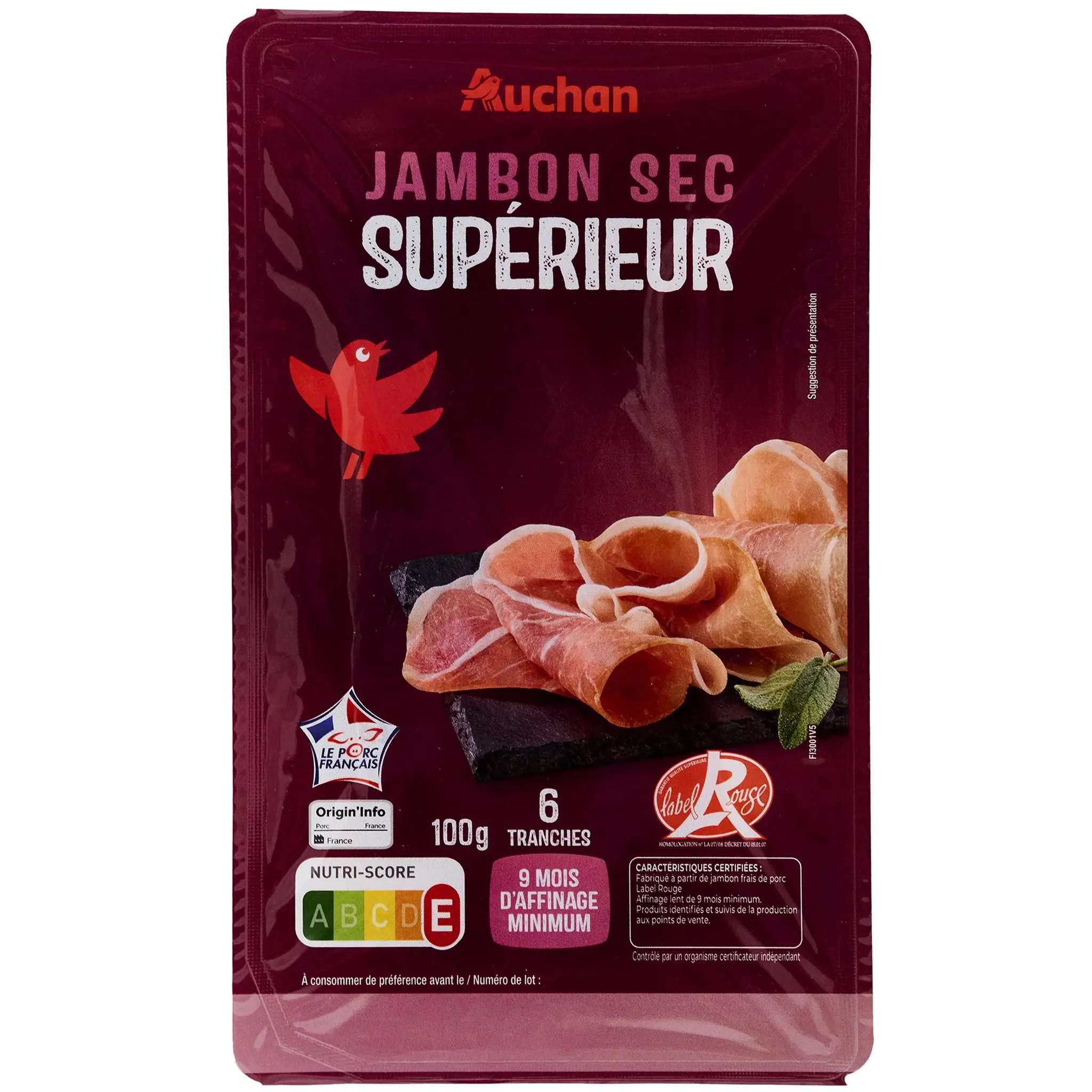 AUCHAN Jambon sec label rouge 9 mois d'affinage