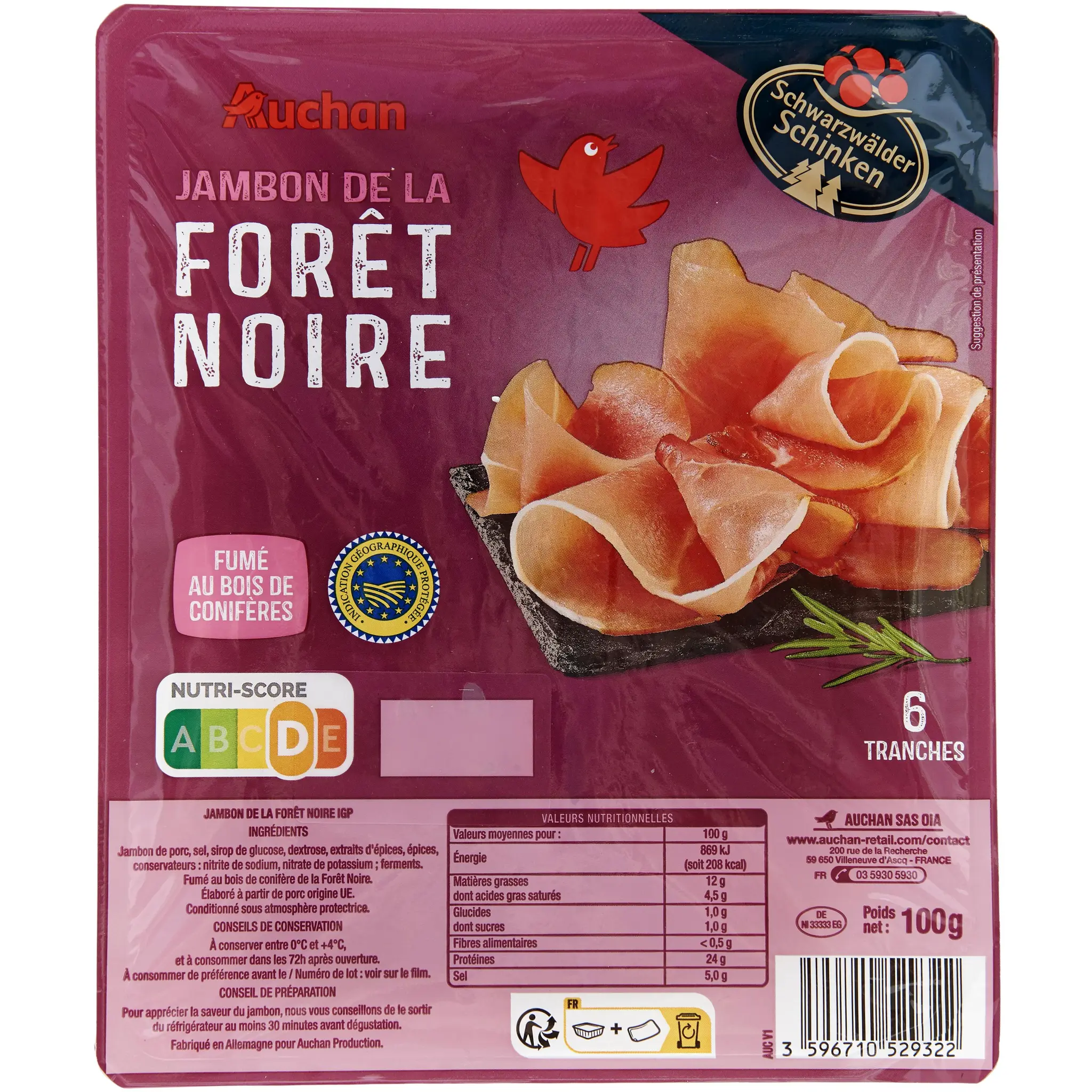 AUCHAN Jambon de la forêt noire IGP fumé au bois de conifères
