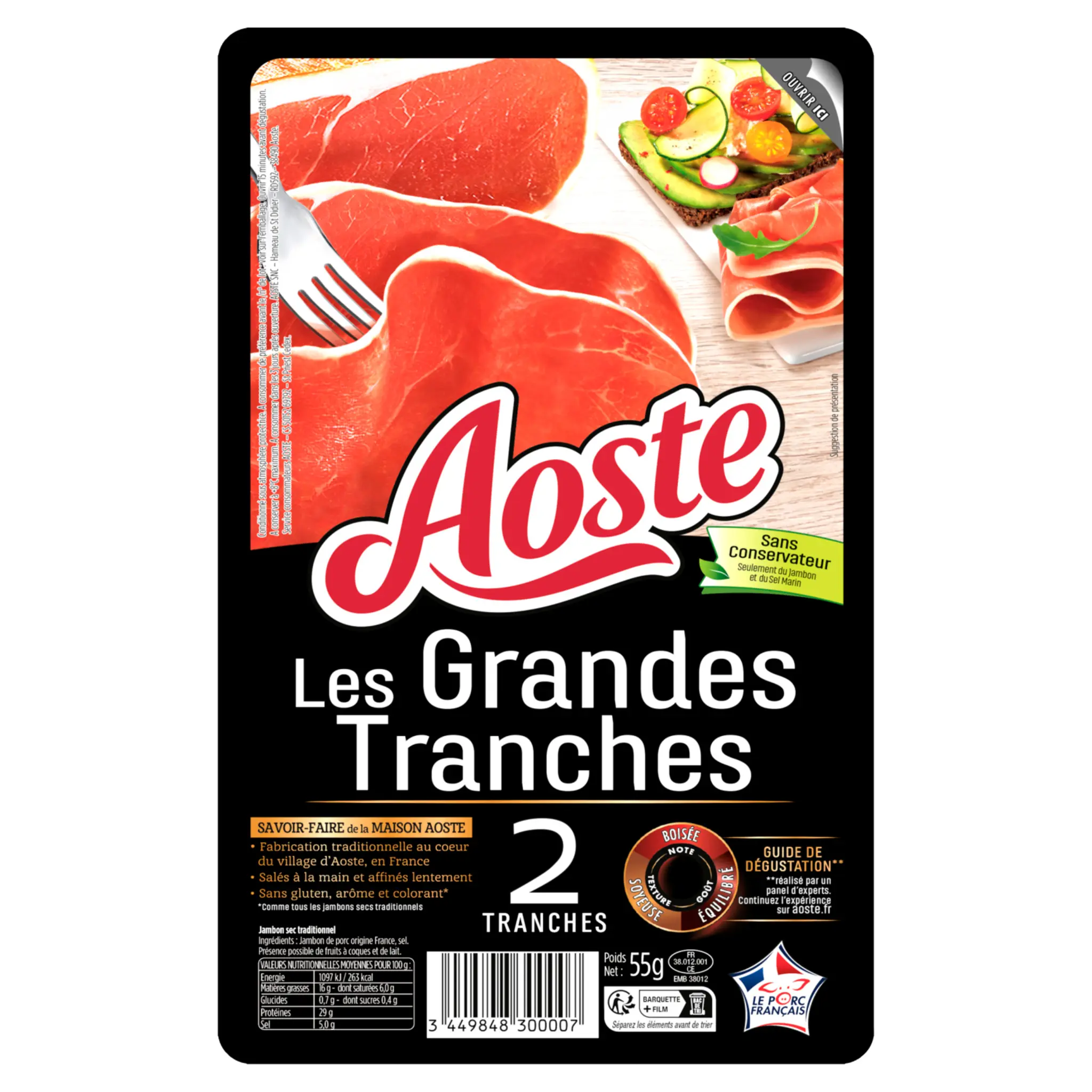 AOSTE Jambon cru sans conservateurs grandes tranches