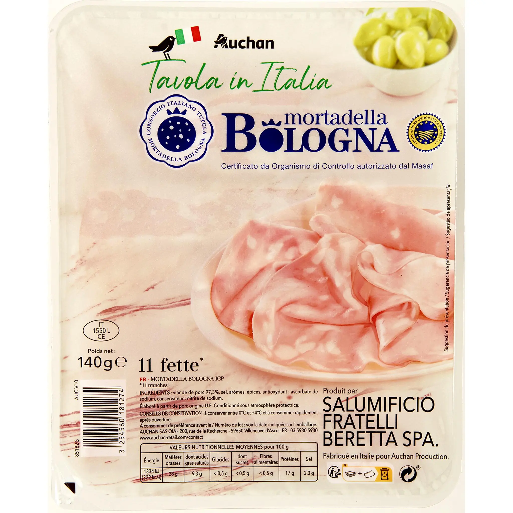 AUCHAN TAVOLA IN ITALIA Mortadelle en tranches IGP