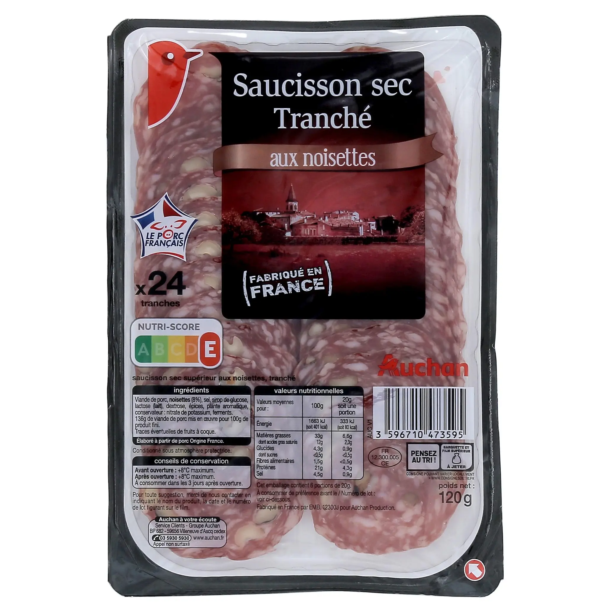 AUCHAN Saucisson sec tranché aux noisettes