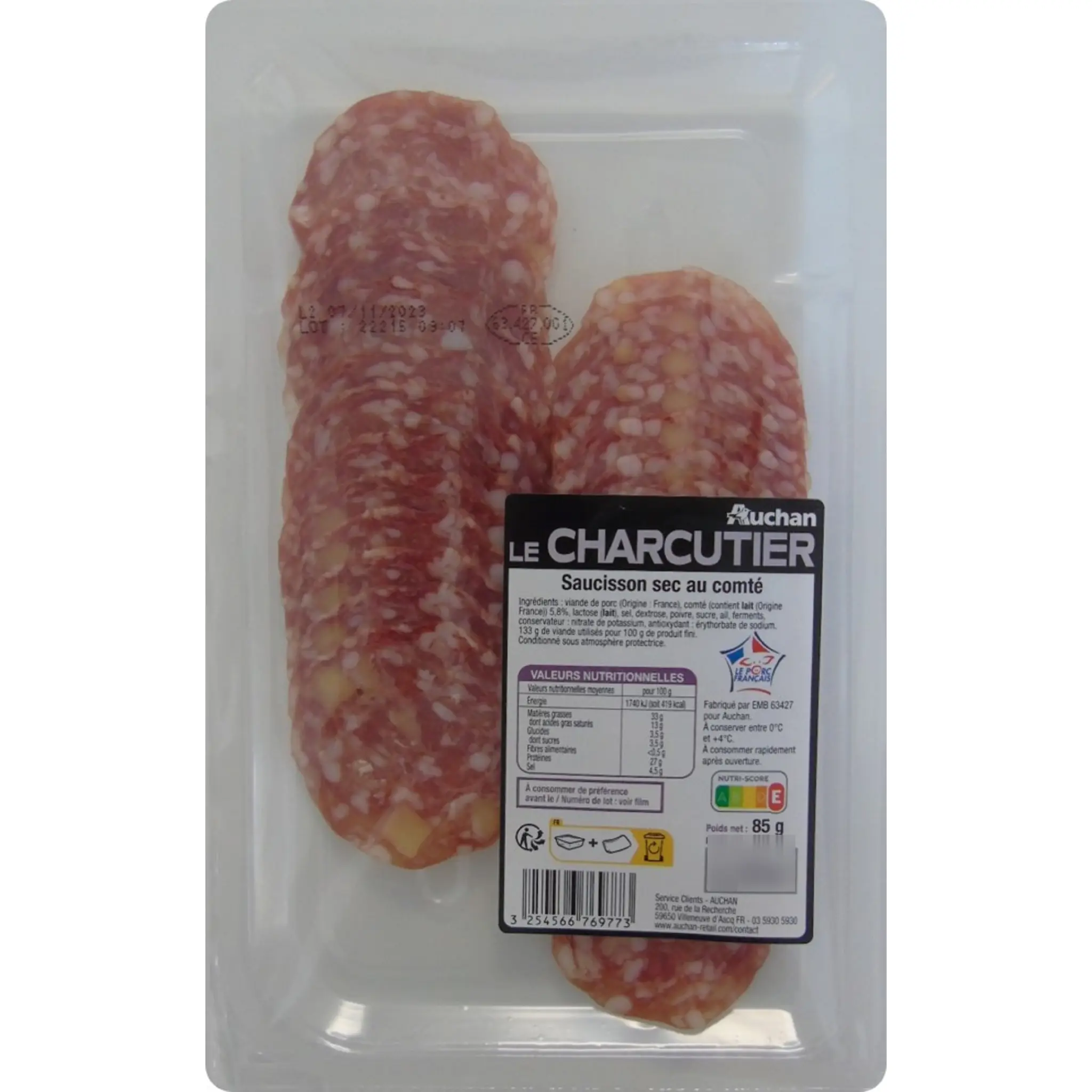 AUCHAN LE CHARCUTIER Saucisson sec au comté